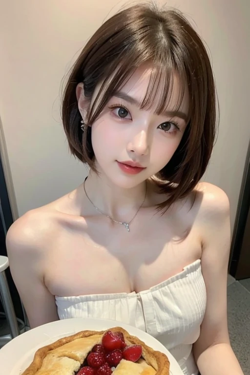 1girl, solo, breasts, jewelry, skirt, necklace, shirt, looking at viewer, indoors, long cleavage, short hair, bare shoulders, off shoulder, black shirt, standing, off-shoulder shirt, long sleeves, blue eyes, realistic, flower, lamp, black hair, pencil skirt, bangs, miniskirt, table, sagging breasts, lips, collarbone, vase, white skirt, brown hair, earrings, side slit, bob cut, white flower, huge breasts, closed mouth, high angle shot, 