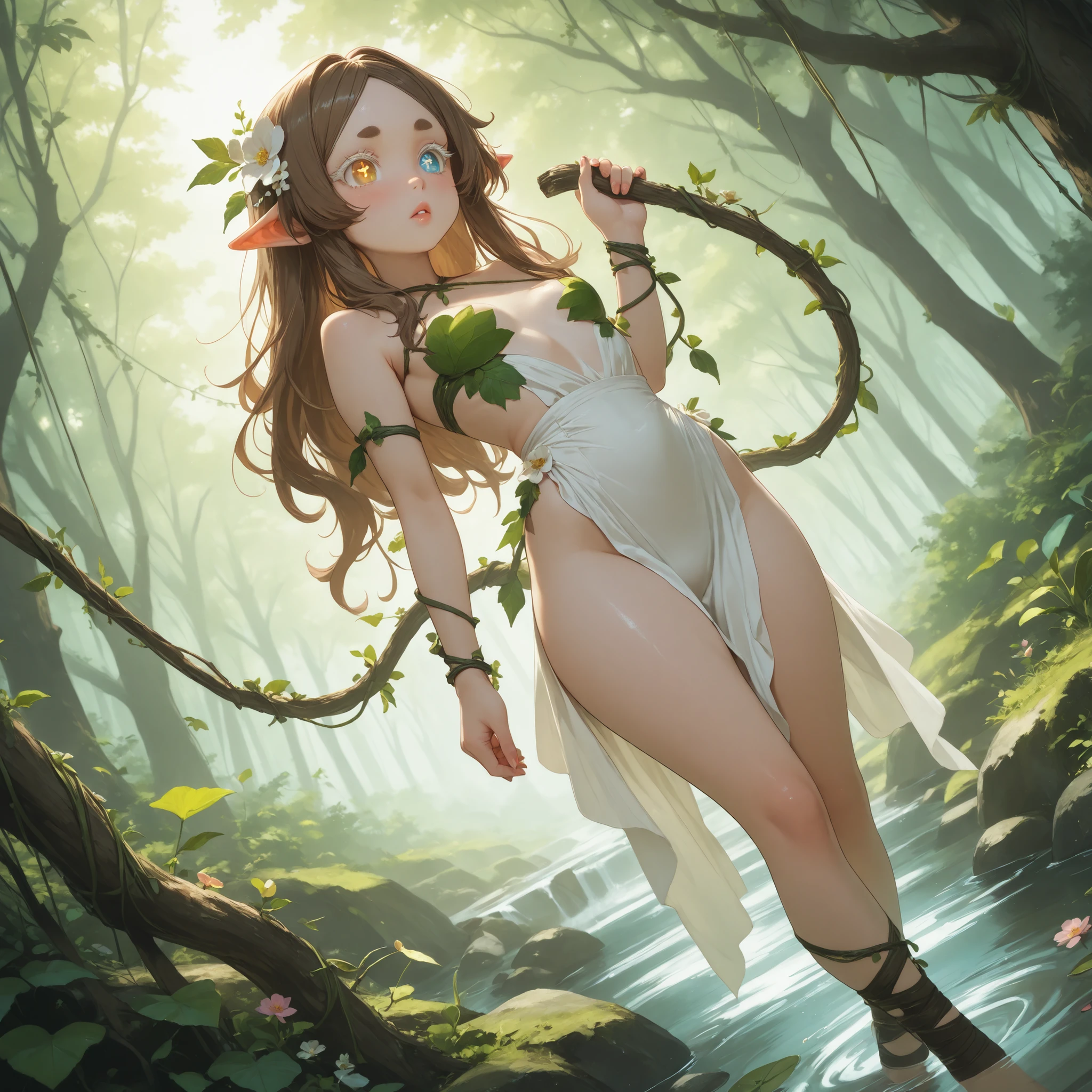 1girl,loli,small_breasts,((puffy lips:0.9)),fair_skin,curvy,slender,(brown hair),(long hair),(long_eyelashes:1.1),(white_colored_eyelashes),(heterochromia),(flower pupils:1.1),(nails),light_blush,eye_contact,standing,long hair,thick eyebrows,short eyebrows,Dynamic angle,best quality,dryad,hair vines,feet wrapped in vines,looking back,leaf covered breasts,hair flower , walking threw a fresh water stream