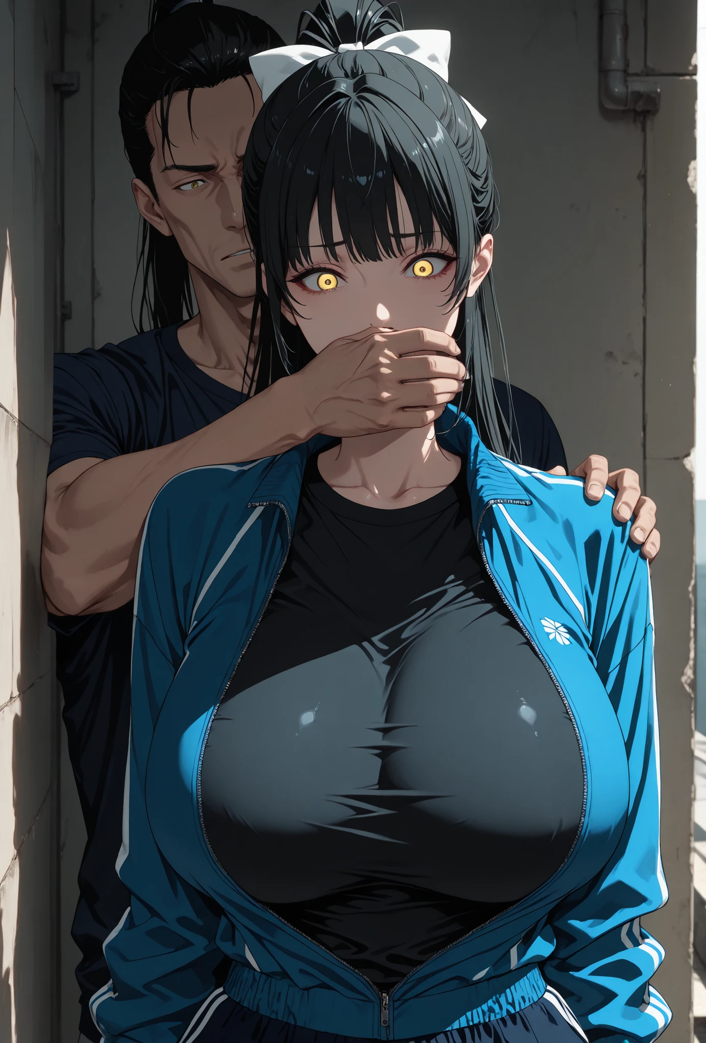 masterpiece, best quality , 

ren hazuki, long hair, bangs, black hair, bow, yellow eyes, ponytail, hair bow, high ponytail, (Huge breasts,long breasts),

(masterpiece, best quality, ultra-detailed, anime illustration), medium shot, slightly angled front view, anime girl in foreground as main focus, standing, surprised and panicked expression, wide open eyes, man standing directly behind her, upper body of man visible, man's left hand covering her mouth with a cloth, man's right hand gripping her shoulder, man's face cropped out of frame in shadow, blue sports jacket unzipped revealing black athletic t-shirt, navy sports bloomers, narrow empty alley background, cinematic lighting with dramatic shadows, warm sunlight partially hitting girl's face and hair, depth of field, perfect skin texture, 8k
