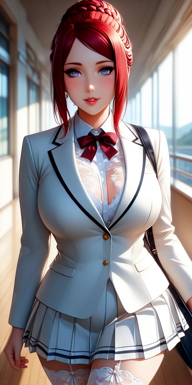 Large round drooping breasts, she is an adult woman ((beautiful 23 year old woman)), (long and bright red and blue hair, ponytail, fabric band in her hair), double eyelids, lilac eyes, clear and detailed , hyper detailed, light effect on the eyes, detailed irises, sensual body, (( stylish jacket, stylish tight shirt underneath, super tight skirt with small stuffed animal on the waist, bold sexy, beautiful and cool)), cleavage, ( (masterpiece, hyper realistic, hyper detailed, best quality, 16k, light and shadow on the skin, vivid colors), eyeliner, thin eyebrows, sensual expression, perfect lips, innocent and sexy face, ((skin with light and shadow) , beautifully seductive and embarrassed woman, passionate expression, shy smile ((she is a beautiful woman)), flirting with the viewer, beautiful, charming, at school, defined abdomen, several lockers in the hallway, school (((variable sensual poses) ))