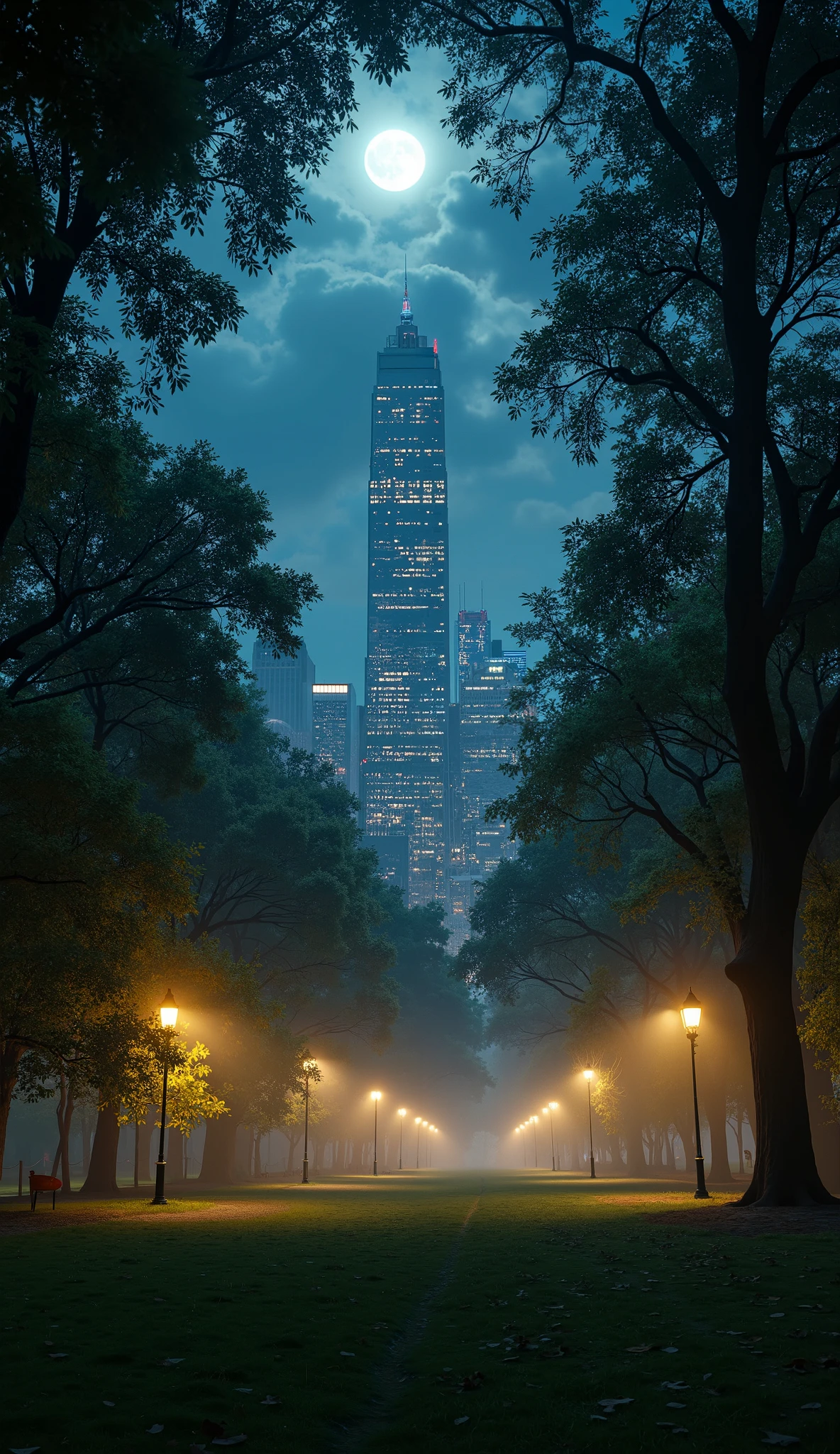 Ultra-realistic cinematic masterpiece of New York City at night, wide-angle view inside a park filled with tall trees and glowing street lamps. Moonlight filters through the leaves, while soft mist rolls across the ground. In the distance, the breathtaking urban skyline rises, skyscrapers glittering with thousands of lights. The atmosphere is moody and dramatic, with volumetric lighting, deep shadows, and cinematic depth of field. Hyper-detailed textures, photorealistic rendering, Unreal Engine quality, 8K, atmospheric masterpiece.