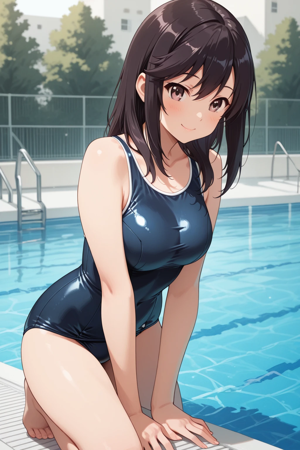 best quality, very aesthetic, Super detailed, best illustration, nsfw, pussy focus, 1girl, おっぱい, aroused, black_hair, school swim suit
