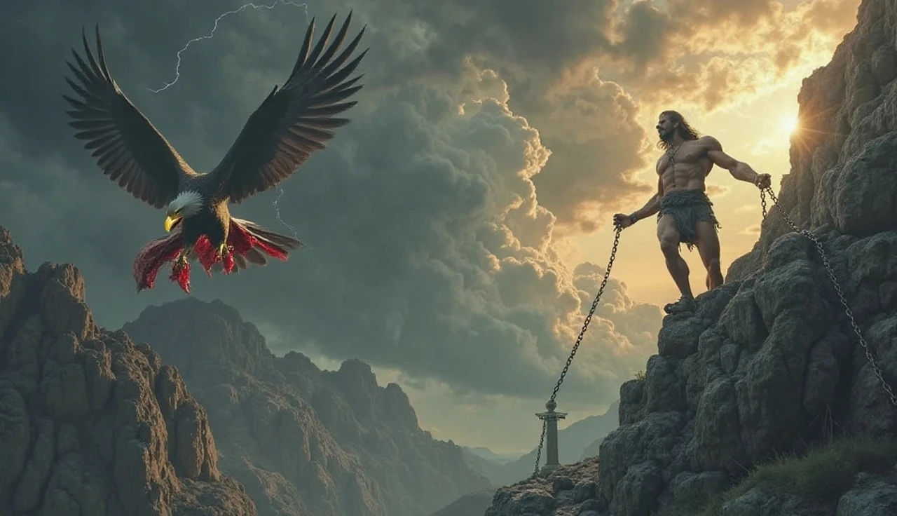 Characters: Prometheus, eagle - Description: Prometheus encadenado, eagle devouring its liver - Epoch: Greek Antiquity - Clothing: naked, chained - Place: Rock in the Caucasus - Action: Eagle attacking, Prometheus sufriendo
- Fondo: The rock, blood, sky and mountains - Plan: Wide shot
- Estilo: hyper-realistic, Photo realism, cinematography