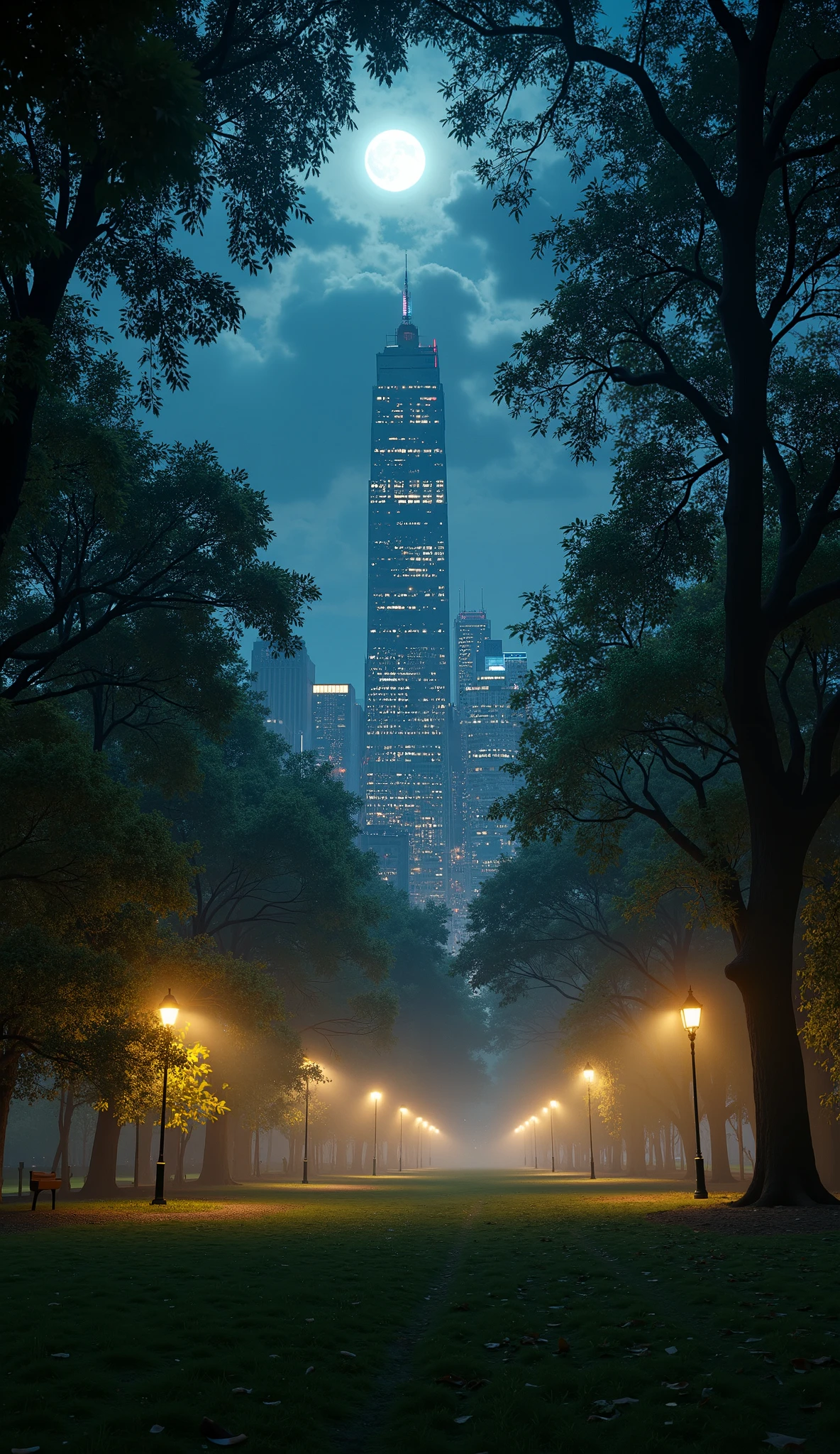 Ultra-realistic cinematic masterpiece of New York City at night, wide-angle view inside a park filled with tall trees and glowing street lamps. Moonlight filters through the leaves, while soft mist rolls across the ground. In the distance, the breathtaking urban skyline rises, skyscrapers glittering with thousands of lights. The atmosphere is moody and dramatic, with volumetric lighting, deep shadows, and cinematic depth of field. Hyper-detailed textures, photorealistic rendering, Unreal Engine quality, 8K, atmospheric masterpiece.