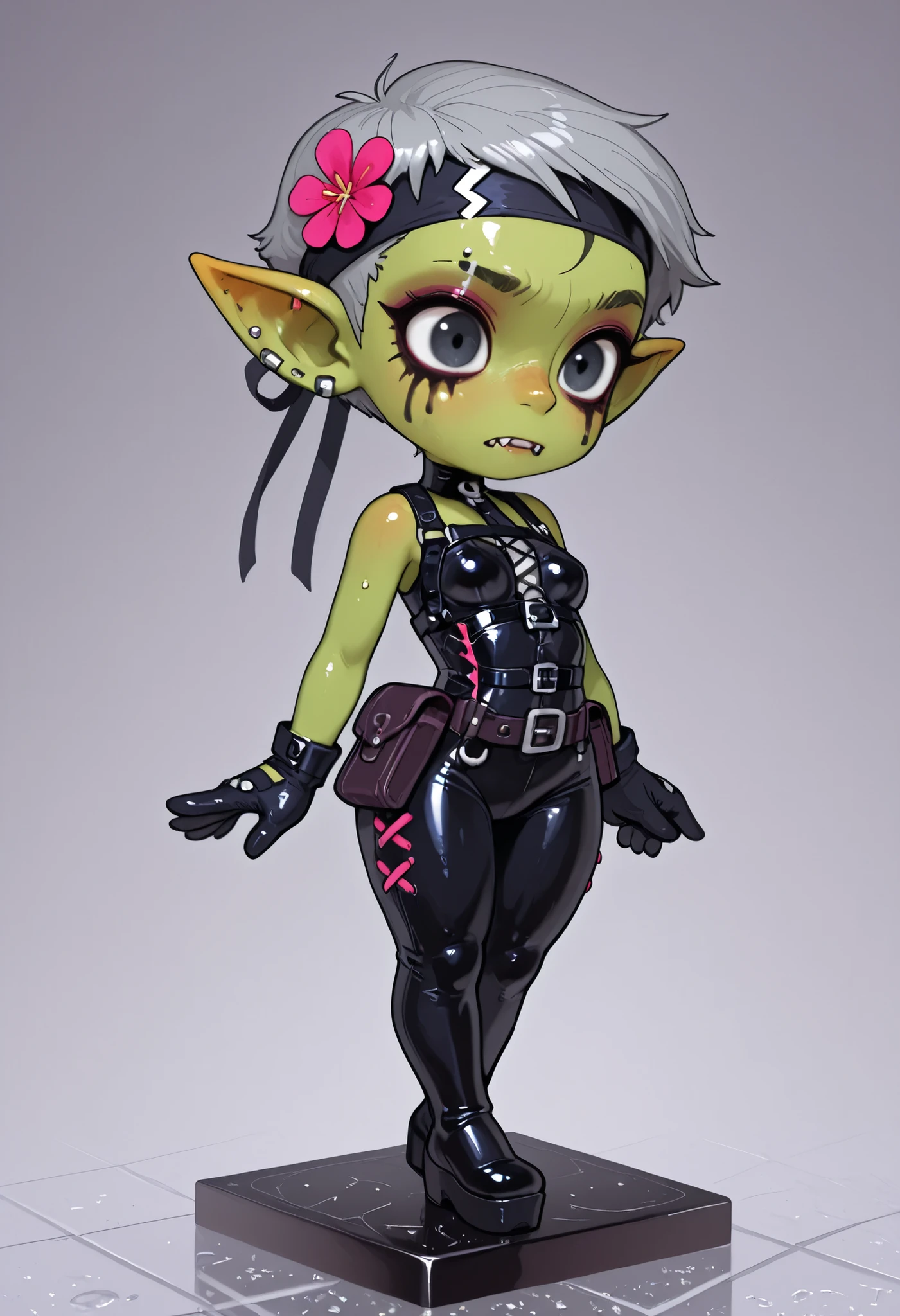 Girl, goblin girl, goblin, green skin, short, short stature,short hair, black hair, large breasts, miniskirt, latex, long gloves, thigh boots, goth, pouty lips, masterpiece, best quality, sexy, dynamic pose, 8k, shortstack, sfw, shiny, fantasy, dungeons and dragons, high heels,  fishnets, holding, dark green skin, adventurer, barbarian, large hammer, armor, sexy armor