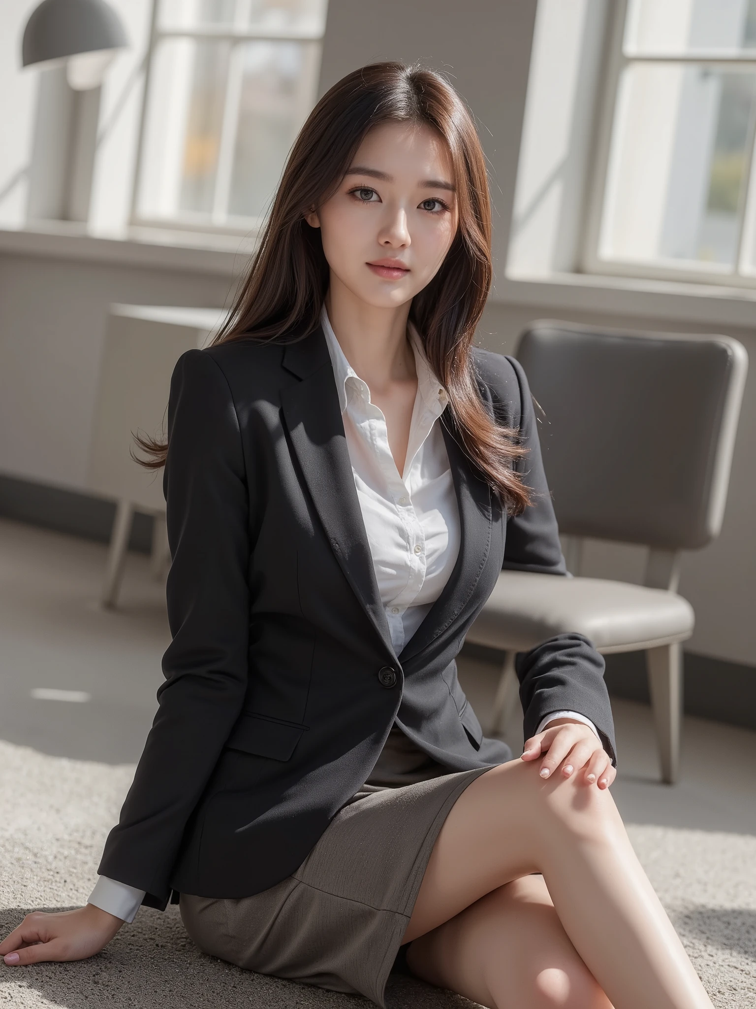 masterpiece, 8k, raw photo, photorealistic, beautiful Japanese mature woman, beautiful office worker, detailed face, business suits, pencil skirt, sitting on the floor
