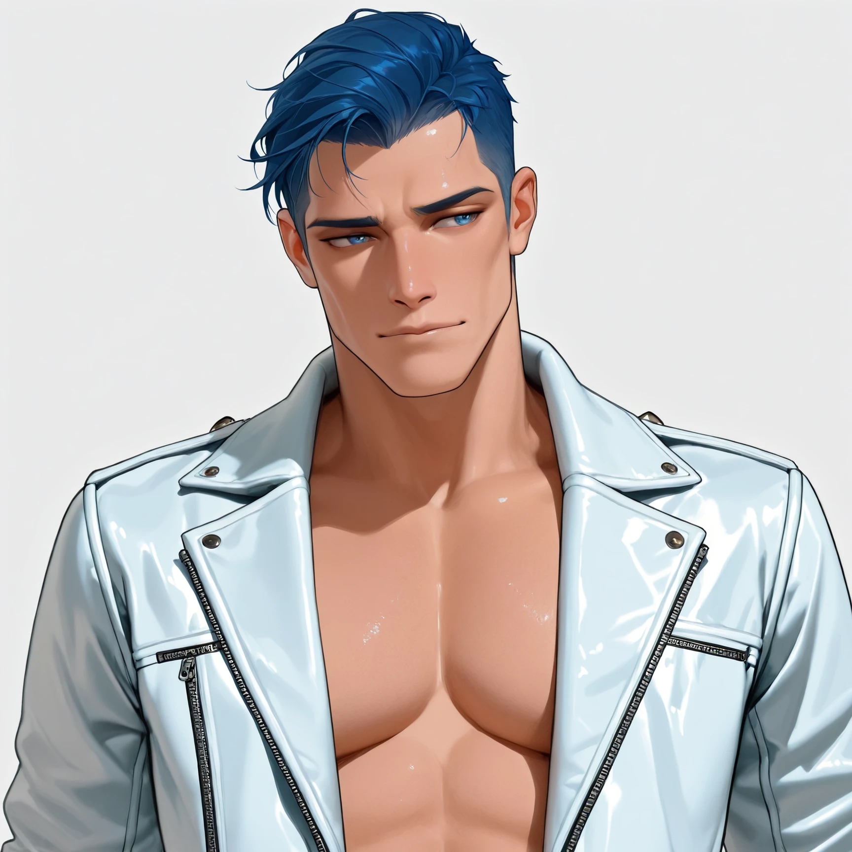 Portrait of Strikingly attractive hunky male seducer, male focus, blue haircut, blue eyes, masculine hunky face, skintight white leather jacket with high colar, australian man, agile slim body, extremely narrow waist, ultra quality, no background, underrail, post apoc