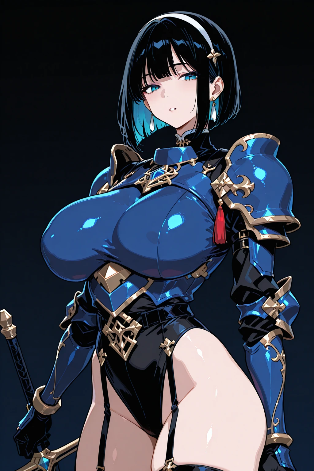 full body,masterpiece, high details, high quality, best quality, anatomically correct, masterpiece, textured skin, super detail,ultra-detailed, best quality, extremely detailed, 8k, high res, realistic, 1girl, 16yo,BREAK,beautiful girl, (half closed eyes),(narrowed eyes:1.2),(open mouth), (blush:1.2),BREAK,(armor,navel exposed:1.8),blue beautiful eyes, (blue medium bob hair,asymmetrical parted bangs:1.6),BREAK,(voluptuous bust:1.5),(Gaunt , thin waist:1.3),BREAK,(arms up, wrist shackles, raise knees:1.5),(captive:1.4),(be hanged by a chain:1.5),(white background:1.5),