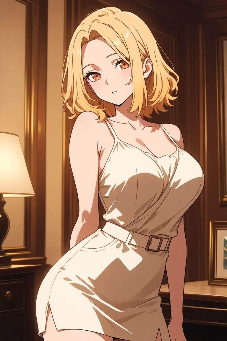 best quality, high resolution, 8K, anime art style, beautiful detailed eyes, extremely detailed face, soft expression, stylish pose, Angelica V4,1girl,solo,red eyes, (collarbone, yellow dress, ruffles, long sleeves, party hall), looking at the audience, in the center of the image, beautiful large medium-sized breasts, beautiful face, slim waist, appealing, soft lighting,