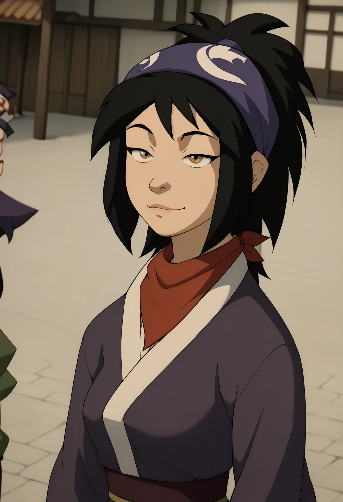 An avatar character. A girl. Purple traditional clothes. Long black hair. Thin face. Bandana