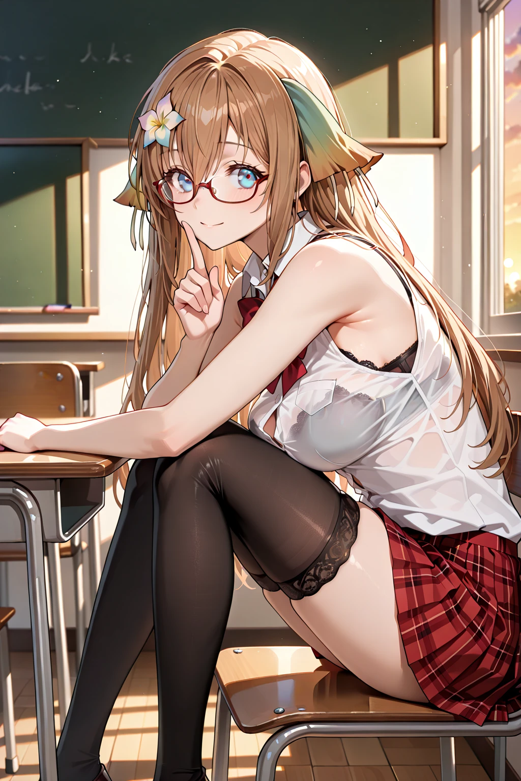 masterpiece,Ultra HD,score_4_onBREAK source_anime,可愛いanimeイラスト, masterpiece,high resolution,alone,mahirushiina,One girl,Blonde,Long Hair,,Selfie pose,Show your underwear,Black Bra,black tights,School,classroom,nsfw,Sitting,Spread your legs,