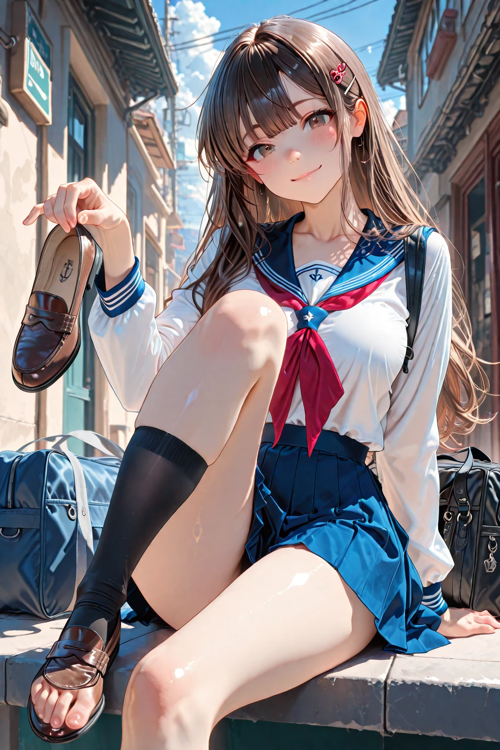 very cute and beautiful girl,(Very detailed美しい顔), (smile),blush,Black Hair,Seraphim,(White Shirt、Pleated navy blue pread your legs),Sitting、(From below),(Lacy white panties), Stairs in the park、Distant Tree々and the city, (Highest quality,masterpiece:1.0),Absurd,High resolution,Super detailed,Very detailed,32k,8K resolution, Intricate details,Movie Scenes,Detailed Background,alone,Dynamic Angle,