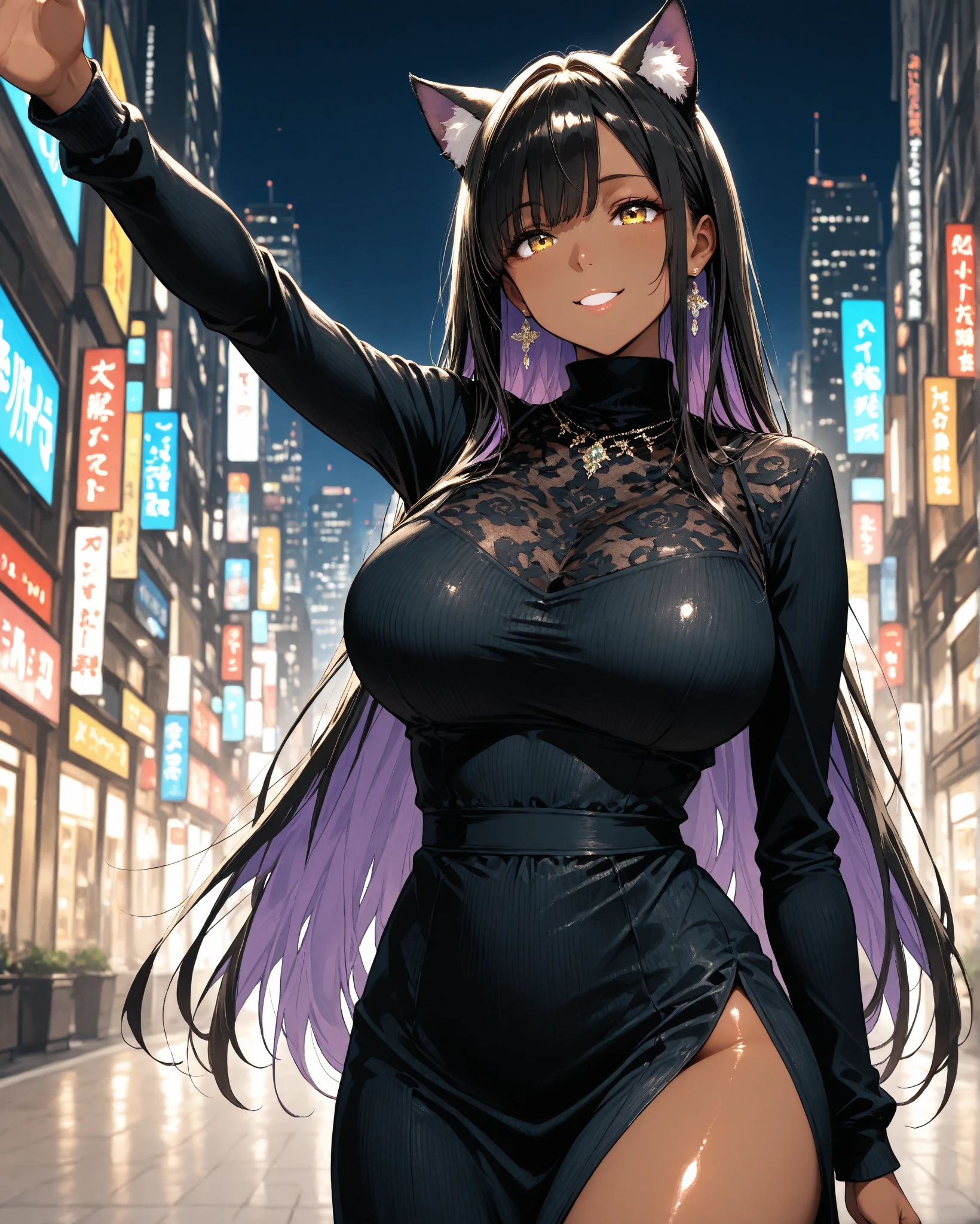 Chica de anime con cabello morado y vestido negro posando frente a una ciudad, seductora chica de anime, Impacto de Ayaka Genshin, succubus in tight short dress, shalltear from overlord, Akane Owari Danganronpa, Hanayamata, Oppai cyberpunk, Anime Moe Artstyle, Anya de Spy X Family, ciudad en el fondo