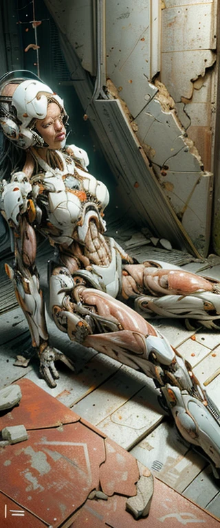 Generates an image of a girl-like android made up of a large amount of cables and wires、extremely delicate and beautiful、the detailed images、masterpiece、life-like、Exposed muscles、((Cables and wires exposed from torn abdomen:1.5)).、Cables and wires connected throughout the body、Cables and wires are connected to the head、A tube is attached to the lower abdomen、Metallic skeleton inside the body visible through translucent skin、she is connected to the whole world network、Appearance of a beautiful girl、sitting on、Hollow eyes、Open mouth、Leaning back、Facing up:1.4、A detailed face、Complex eyes、