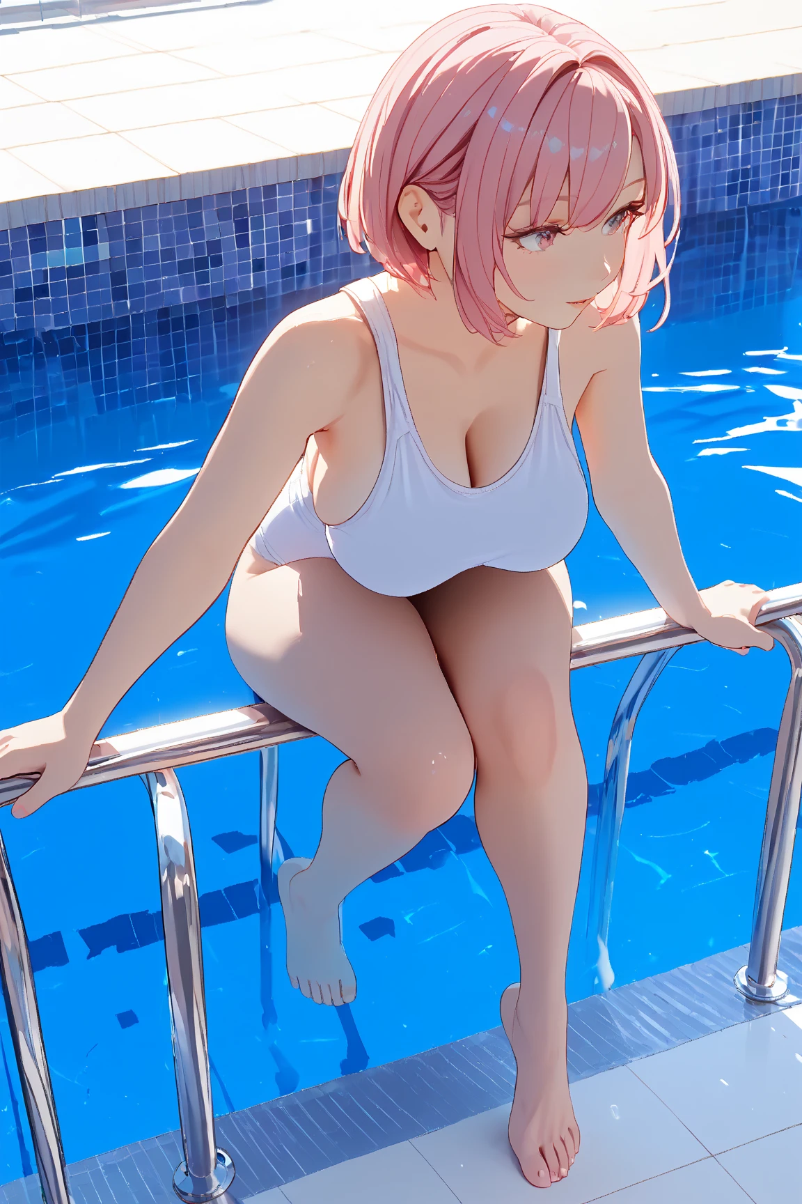 crawl on all fours、crawl on all fours、swimsuit、Cute Swimsuit、Random erotic poses、、Pink Hair、hair over one eye、short hair、、Pale red eyes、Blushing、lipstick、Perfect hands、Detailed hands、Poolサイド、Pool、one-piece swimsuit, strap slip、backwards、、backwards
