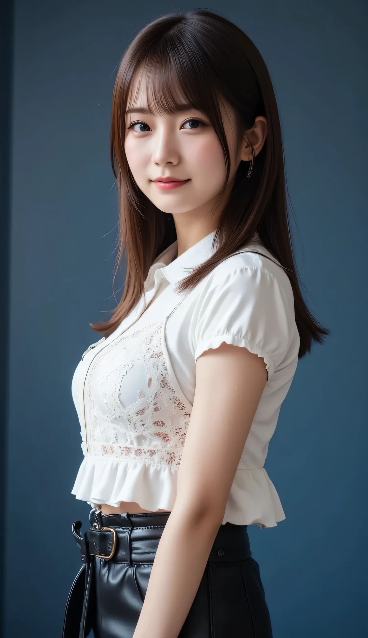 profile、profile、perfect finger、Inspire、facing sideways、side view、Ultra Slim Body、Serious Expression、Raise your right arm slightly、simple dark blue background、、Large Collar and Large Size Short Sleeve White Lace Blouse、Thin Waist、Tattered Leather Black Mini Skirt、Tattered Thick Silver White Leather Belt、random pose、 super lighting、