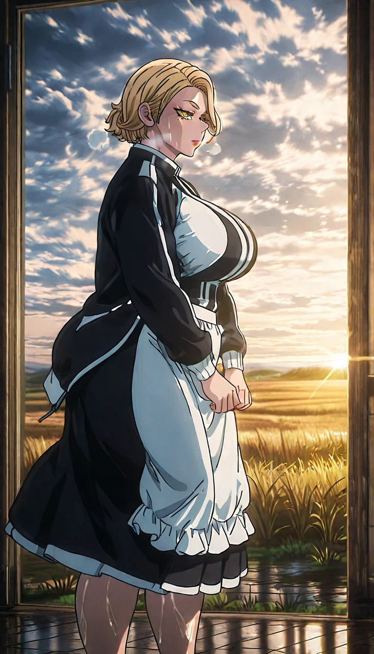 ((anatomical correct)), ((Cinematic, unreal engine, eye-catching, ambient occlusion, UHD, masterpiece)), ((perfect lighting, soft shadow)), perfect body, perfect eyes, perfect fingers, gasping, heavy breathing, gasping profusely, ((skindentation)), kuina01, blonde hair, solo, breasts, short hair, yellow eyes,jacket, makeup, large breasts, (mature female:1.5), (voluptuous:1.5), plump, (steaming body:1.5), maid uniform, sideboob, standing, reflection floor, backlighting, moonlight, hair flowing over, wind, dusty, field, grass, bokeh,