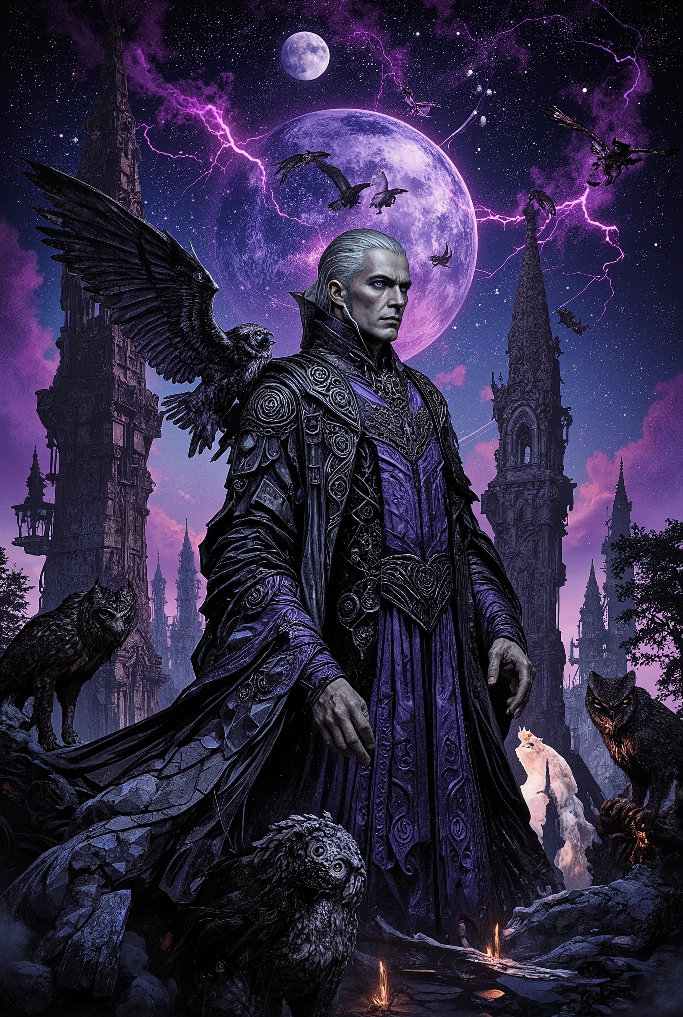 A transcendent portrait of an illuminated Dark Lord rendered in baroque gothic splendor, his perfectly trimmed silver hair swept back in aristocratic waves from noble temples, the short precise cut emphasizing his sharp cheekbones and strong jaw, creating a regal silhouette against the cosmic void. Ancient owls perch as eternal sentinels throughout the scene - massive horned owls with eyes of molten gold and midnight-black barn owls with crystalline feathers, their wings spanning impossible lengths, some rendered as living constellations while others manifest as ethereal guardians wreathed in purple flame. His commanding form stands against a backdrop of impossible architecture - twisted spires of primordial obsidian reaching skyward like frozen lightning, where owl-shaped gargoyles watch with knowing eyes, each surface carved with pre-human glyphs that pulse with violet light. His blazing indigo eyes hold the weight of epochs, while his refined features suggest both timeless power and youthful intensity, dressed in ornate black velvet robes with astronomical patterns that shift and move of their own accord. Eldritch energy coils around his sleek frame in spirals of deep purple and midnight blue, his elegant hands conducting cosmic forces like an orchestra of shadow, while spectral owls circle overhead in perfect geometric patterns. The bastion beneath him defies mortal geometry - floating staircases of elder stone, archways that lead to other dimensions, fountains flowing with liquid darkness. Stylized wolves rendered in art nouveau curves stand alongside the owl sentinels as eternal guardians, their forms more symbol than flesh, while shadow-panthers move like living hieroglyphs across walls older than time. The sky above is a kaleidoscope of celestial bodies - countless moons in phases that never existed on Earth, constellations forming owl-wing patterns that tell stories of the first night. Ancient trees below twist in impossible helixes, their branches forming Celtic knots against the star-filled void, hosting perches for the wisdom-bearing owls. Every element flows with the curved grace of Alphonse Mucha meeting the cosmic horror of Beksinski, the scene captured in ultra-detailed 8k with deep chiaroscuro emphasizing the dramatic contrast between light and shadow, rendered in a style that merges art nouveau decorative elements with eldritch baroque architecture