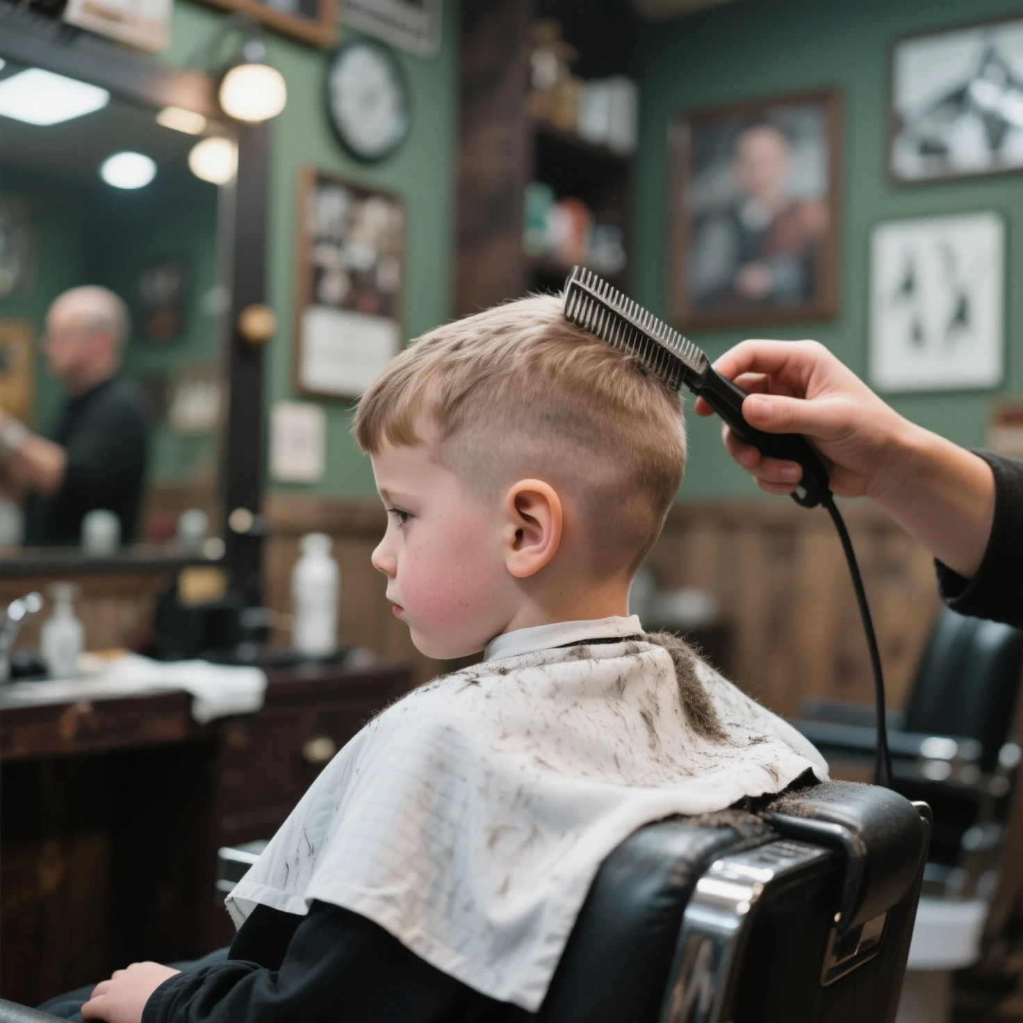 Barber giving haircut to autistic child at home doing haircut with scissors cutting hair