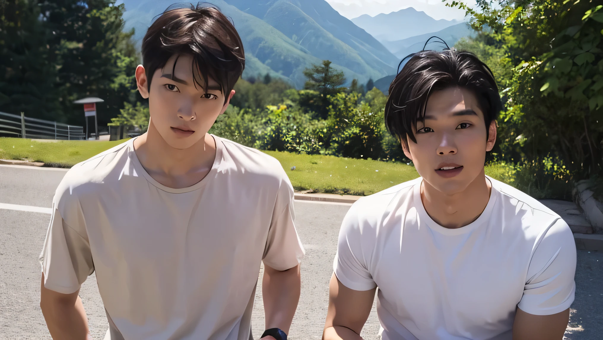 Two adult men　　　Two handsome Japanese guys　short hair　dark haired　　　whiteｔshirt　　the two have knee-length shorts and no strings　The background of two people standing side by side is a beautiful mountain range　no building　　two people side by side　　sit on the ground　front　The upper body and face are big　　　looking at the camera　笑顔 front　The upper body and face are big