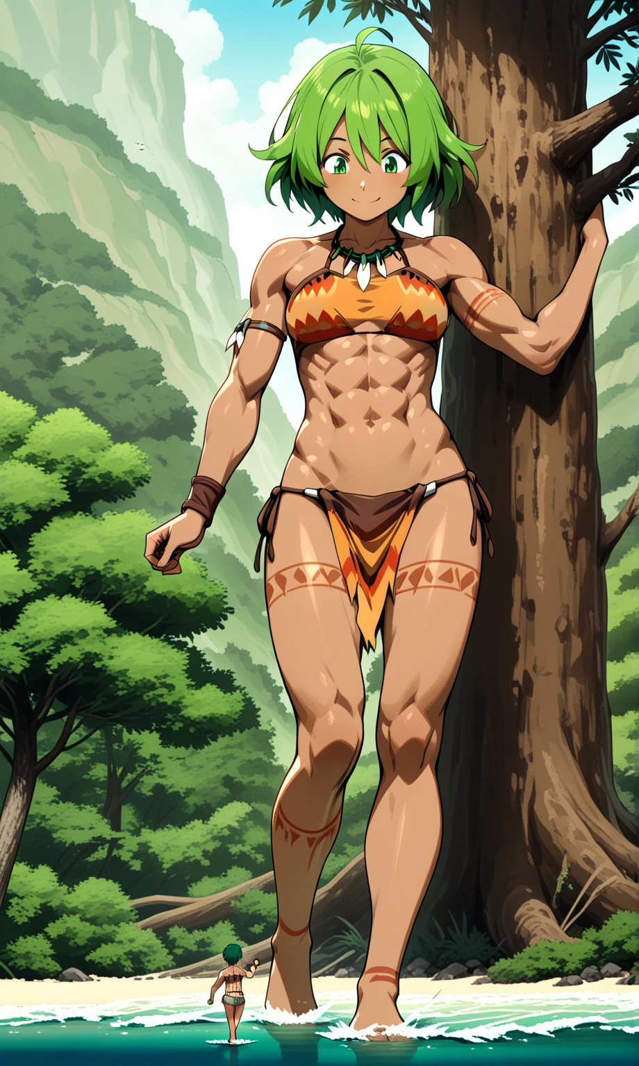 (adult woman), (1girl, solo), ((cavewoman, loincloth, fur clothes)), dirty, small breasts, muscular, abs, (green hair, messy hair), (yellow eyes), ((primordial earth, jungle, volcano)), (yellow sky), ((best quality, high detail)), ((masterpiece)), <lora:1_fumio_13e:1>