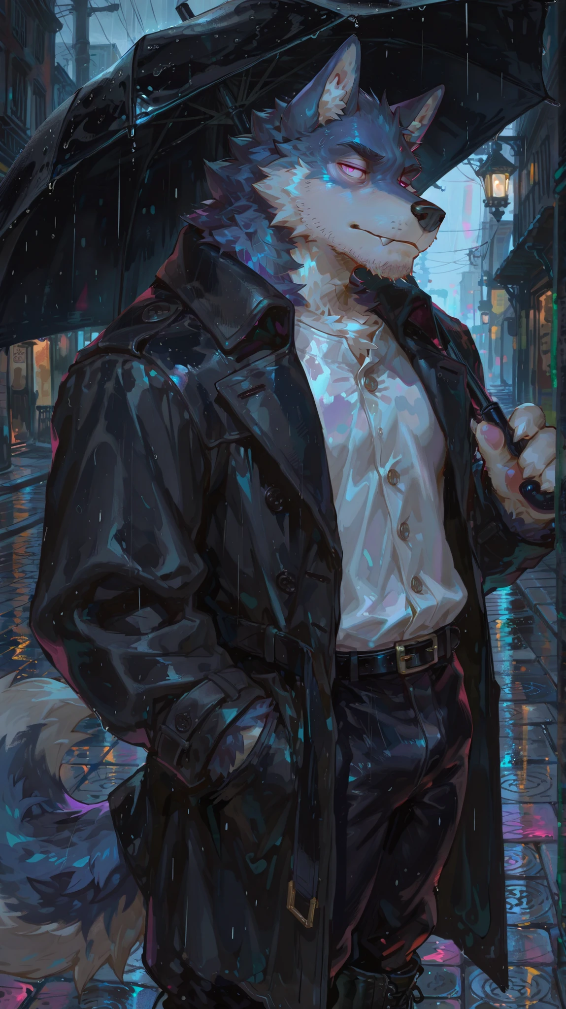 masterpiece, best quality, 8K, HDR, sharp focus, vibrant colors, anime cel-shading style, dark nighttime street with dim lighting and rain-soaked pavement, deserted and eerie atmosphere, 1 male wolf anthropomorph (anthro), blue fur, muscular build, (white chin fur and stubble:1.5), white chest fur, deep purple eyes, large fluffy tail, pink paw pads, wearing a black trench coat unbuttoned to reveal a white inner shirt, a black belt at the waist, black trousers and boots, holding a black umbrella open above him, looking back over his shoulder directly at the viewer with an intense and cold yet captivating expression, only one person present in the scene