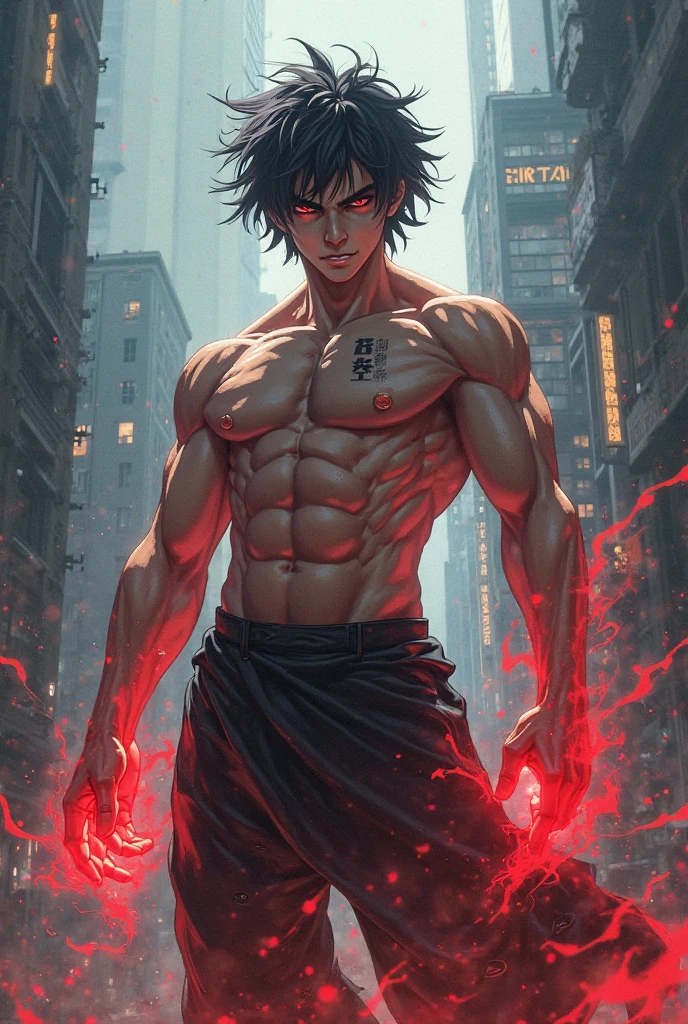 Tetsuo Shima from the movie Akira using his powers with anime features like K9999 from The King of Fighters