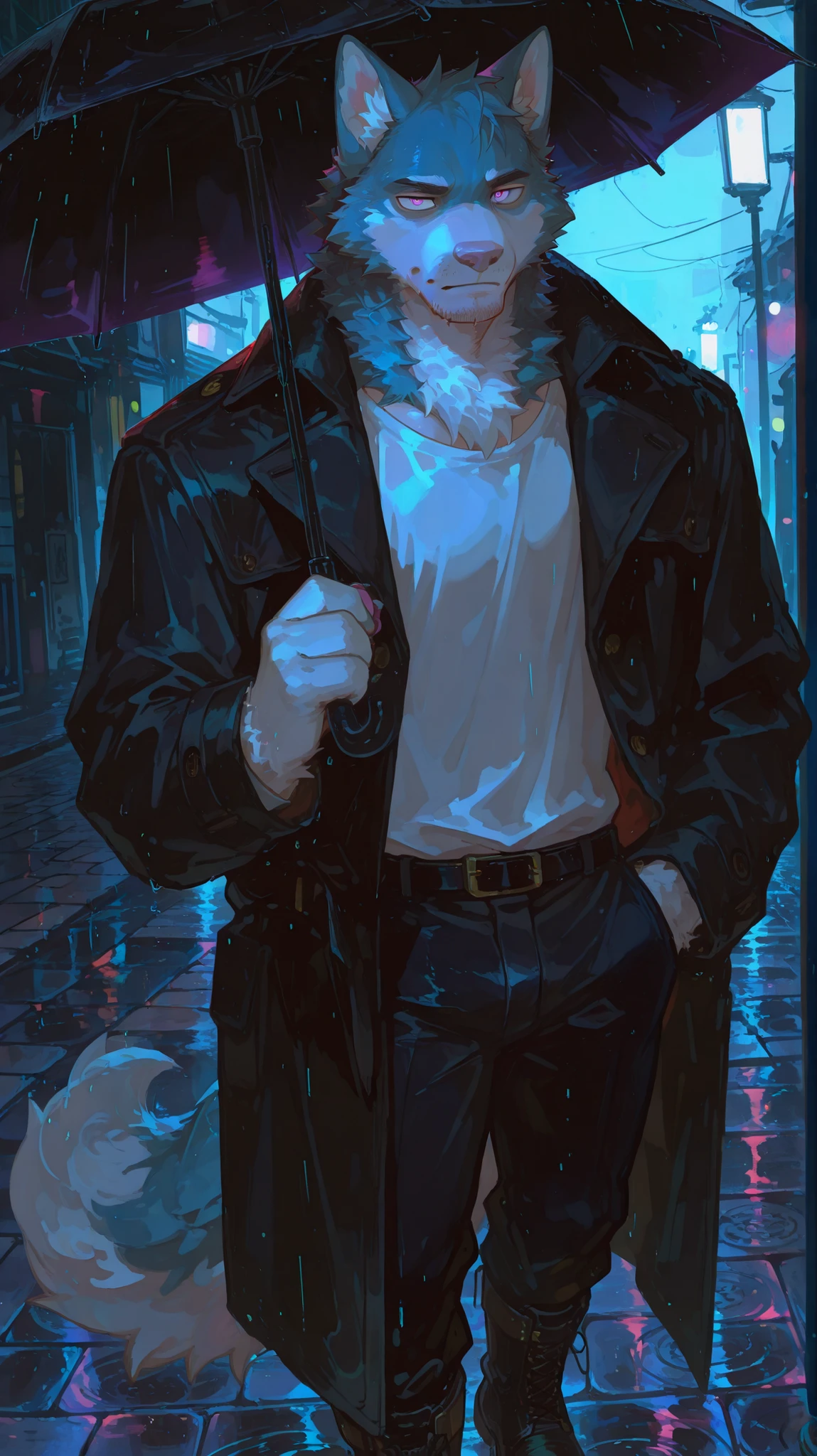 masterpiece, best quality, 8K, HDR, sharp focus, vibrant colors, anime cel-shading style, dark nighttime street with dim lighting and rain-soaked pavement, deserted and eerie atmosphere, 1 male wolf anthropomorph (anthro), blue fur, muscular build, (white chin fur and stubble:1.5), white chest fur, deep purple eyes, large fluffy tail, pink paw pads, wearing a black trench coat unbuttoned to reveal a white inner shirt, a black belt at the waist, black trousers and boots, holding a black umbrella open above him, looking back over his shoulder directly at the viewer with an intense and cold yet captivating expression, only one person present in the scene