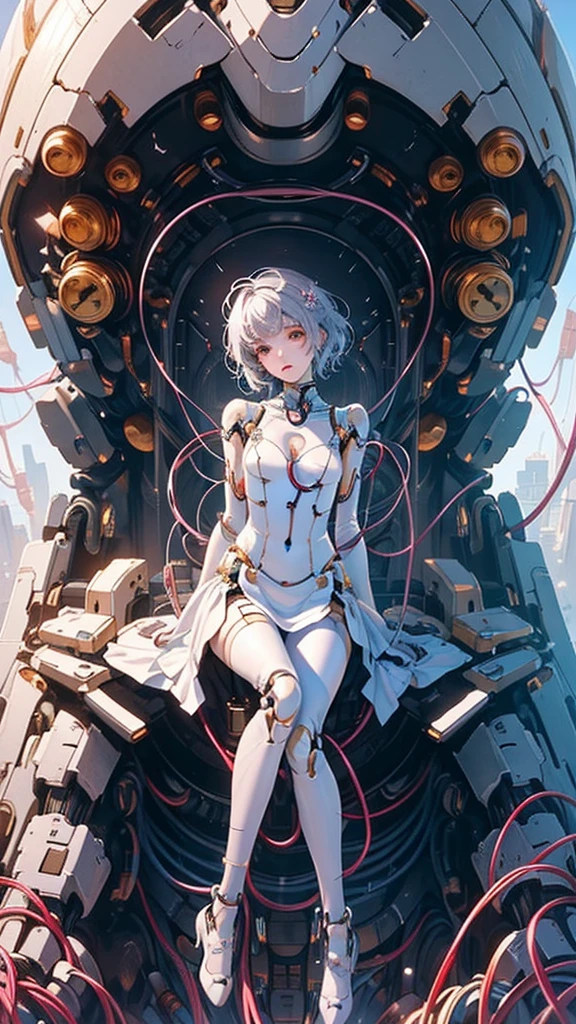 (((Masterpiece)))), (((highest quality)))), ((Ultra Definition)), (Very Detailed Photoreality), (((Very Delicate and Beautiful)), (Delicate and Pretty Face), Cinematic Light, (((1 Machine Girl)), Solo, Full Body, Big, Cleavage Is Visible Skin, White Hair, Purple Eyes, Luminous Eyes, (Mechanical Joint: 1.4), (Mechanical limbs)), (Blood vessels connected to tubes), (( Mechanical vertebrae attached to the back)), ((Cervical vertebrae of the machine) attached to the neck)), (((sitting)), expressionless, (wires and cables attached to the head and body: 1.5), (character focus), small LED lamps on the body, Evangelion, SF, metallic body, detailed neon