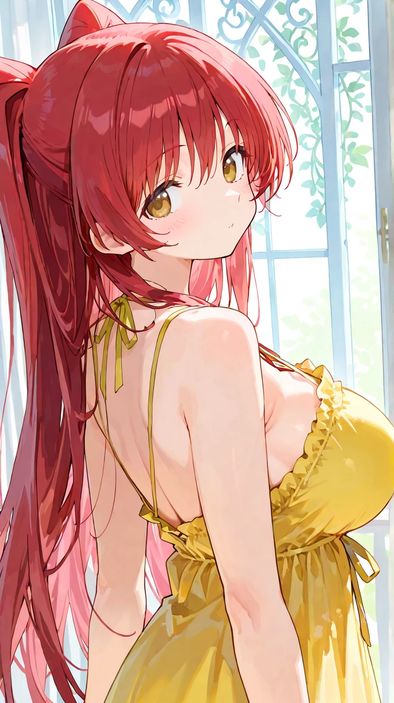 shokugeki no souma, Rindou Kobayashi ,high resolution, red hair,long hair, solo, 1woman, detailed background, detailed eyes, ((yellow eyes)),