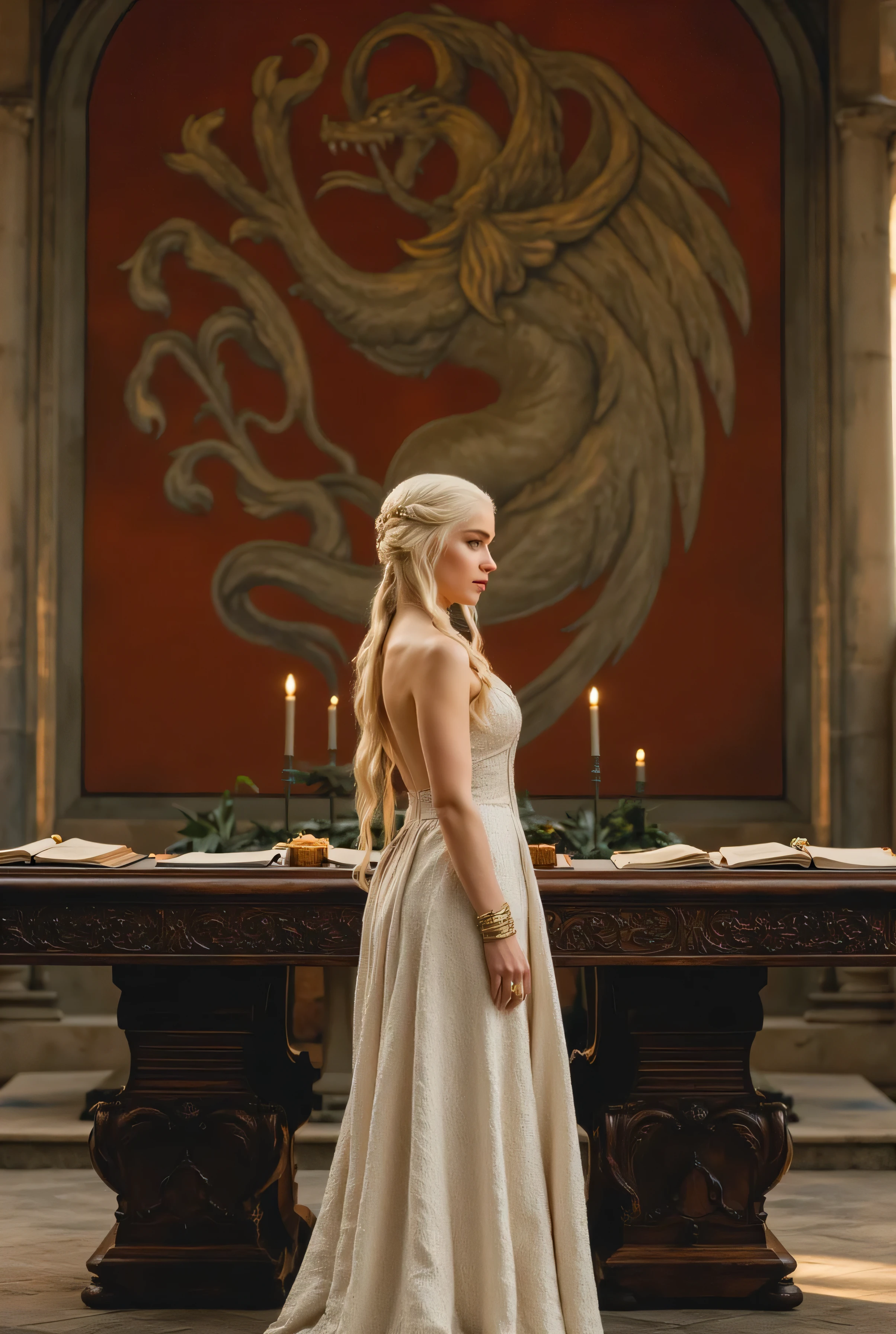 Game of Thrones-style photorealistic image. Create a high-resolution poster. Daenerys Targaryen standing with her back to the camera but looking over her shoulder. Her gaze is determined and calm. Behind her, a large hand-carved ebony table on the terrace of her castle. On top are books, maps, and scrolls. Her gaze is serene but determined. Platinum blonde braids. Soft warm lighting bathes the scene, typical of torches in medieval castles. Summer night. She wears a pearly silver fantasy dress with straps and a V-neckline and an open cut that shows off her legs. The dress features a dragon-scale texture and gold details such as bracelets and rings. In the back, hanging on a wall, is a large oil painting of the Targaryen house symbol.