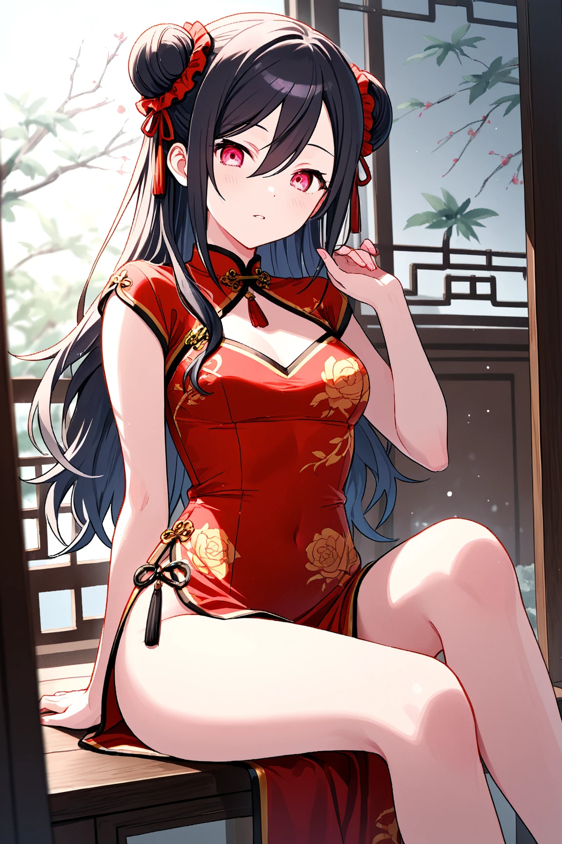 <lora:ShokoKomi_KS-V2:0.7> Shokokomidef, purple hair, purple eyes, long hair
1girl, hand fan, one eye closed, solo, chinese clothes, china dress, dress, green hair, paper fan, sitting, food, fruit, holding fan, hair flower, flower, hair ornament, fireworks, long hair, green eyes, lace-trimmed legwear, smile, , uchiwa, side slit, open mouth, holding,  ;d, hair between eyes, lantern, lace trim, , paper lantern, wariza, red dress, no shoes, indoors, night, pelvic curtain, lace, sidelocks,  shoulders, sleeveless dress, sleeveless, folding fan, , shawl, bangs, blush, lattice, mandarin orange, hair bun, red flower, floral print, architecture, east asian architecture, tatami, table, night sky , black pantyhose, (pantyhose:1.2),