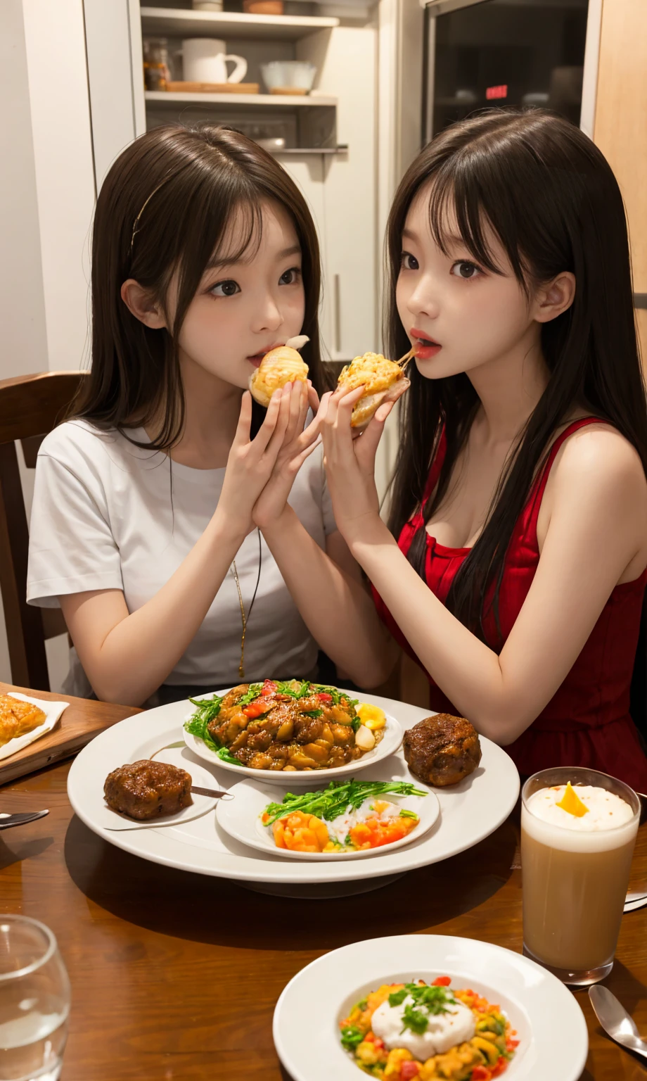 Shooting from above、(((The two of them are lying on their backs on a large table.)))、(2 women),(Very large breasts、Very heavy chest),20-year-old,young woman、Japanese、Short Hair,beautiful girl、slender、thin,Glaring expression,(((Completely naked))),(((Beautiful nipples are visible))),Accentuate your breasts,White skin、photograph, Realistic, highest quality, Detailed face,、camp site、barbecue、Outdoor、sunlight、(((Lots of food on the table、A large amount of food around the woman's body、The two of them are lying on their backs on a large table.)))、Written boundary depth, Bokeh,Watching the audience、Sad face、(((Face is reflected))),(((Exposing her breasts))),(((Exposed nipples))),Hands are not reflected、Hands down,(((Exposing her breasts))),(((Exposed nipples))),,(((Exposing her breasts))),(((Exposed nipples))),