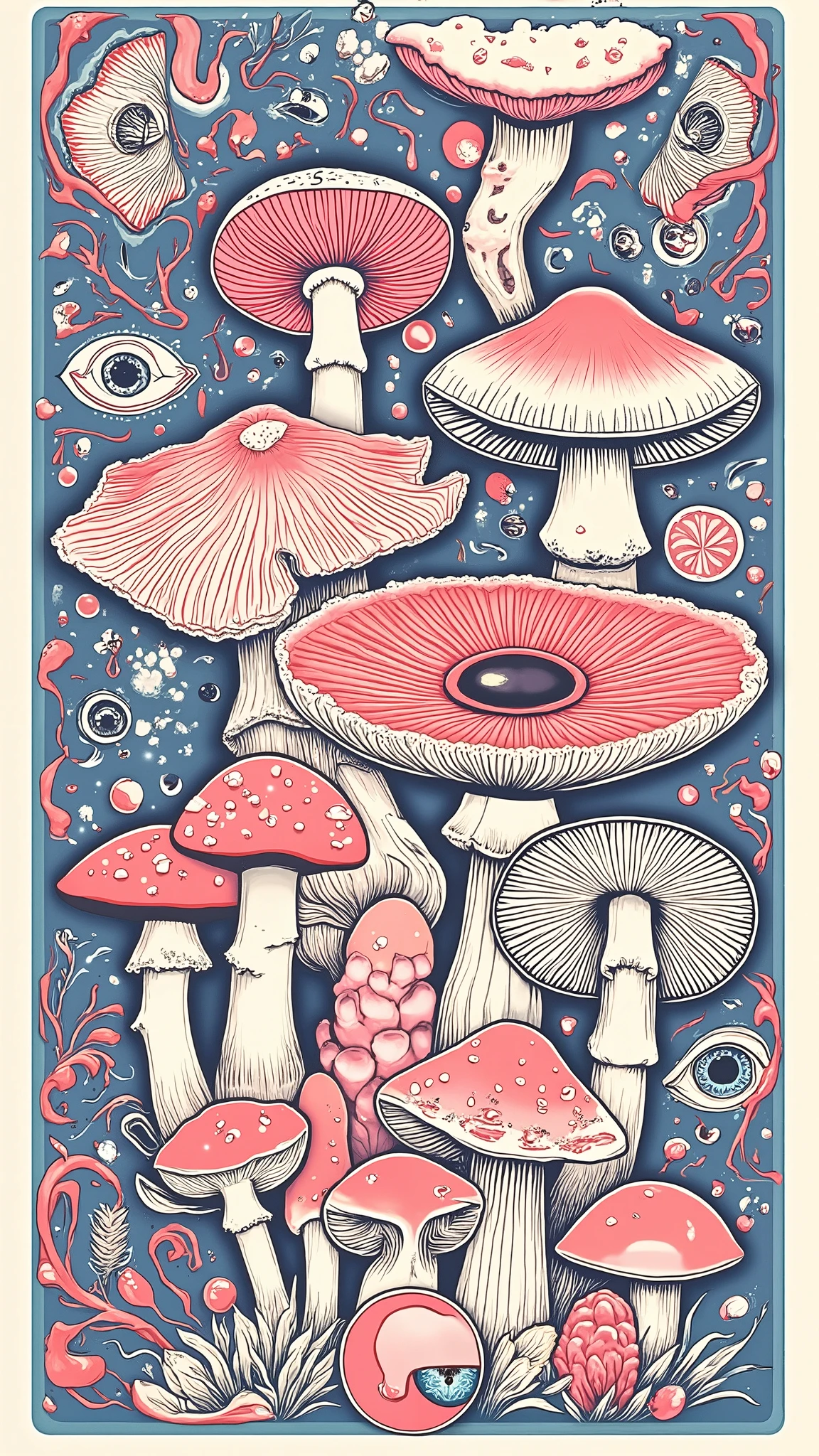(the best quality)), ((masterpiece)), (detailed) , design for a t-shirt of an ultra-detailed infographic of fungi y ojos humanos (mushrooms and separate eyes, "Do not combine") ( different species ). intricate design , plain dark background , illustration of fungi acid colors, psychedelic colors, (mushrooms with different colors). All elements in the format, (the best quality)), ((masterpiece)), (detailed) , design for a t-shirt of an ultra-detailed infographic of fungi ( different species ). intricate design , plain dark background , illustration of fungi acid colors, psychedelic colors, (mushrooms with different colorses). All elements in the format. ((dark blue plain background)). ultra detailed, Filter illustration 50s panavision, grainy texture