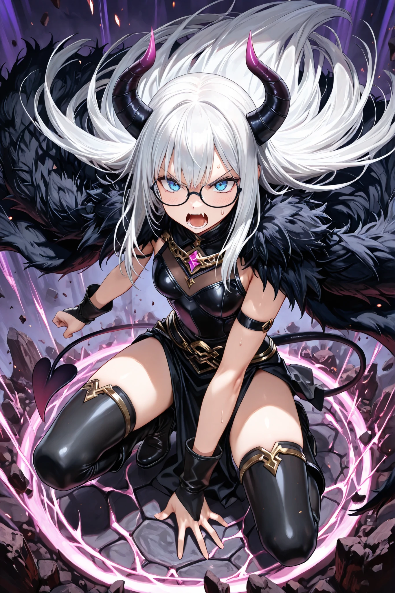 ((Masterpiece)),((best quality)),((incredibly absurdres)),((8K)),(anime style),
1 girl,solo,young female,kawaii,white hair,long hair,straight hair,blue eyes,small breasts,
((black eyewear)),(full rim),(detailed glasses),
A female demon warrior in black and purple light armor with fur accents on shoulders and boots,fur cloak,long silver-white hair flowing in the wind, elegant curved demon horns, on knees, glaring with frustration and determination at the enemy, angel vs demon war setting,dramatic cinematic lighting, dynamic perspective, full body, highly detailed, fantasy art style,
open mouth,shouting,sweatdrop,on hand,(Right arm to the side),open hand,
face close-up,from above,(a small animal behind her),