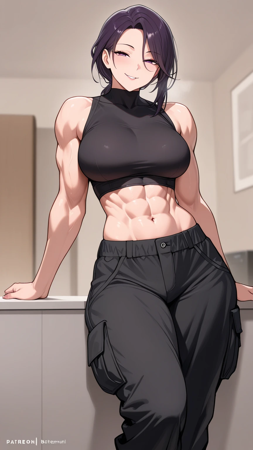 Boy, male body, adult, girl face, seductive face, provocative look, , long pink hair, perfect body, fit body, thin waist, male thighs, black shirt, muscular, small girl's ?????, cycling shorts, big pretuberance, male ???????, ?????, femboy, full body