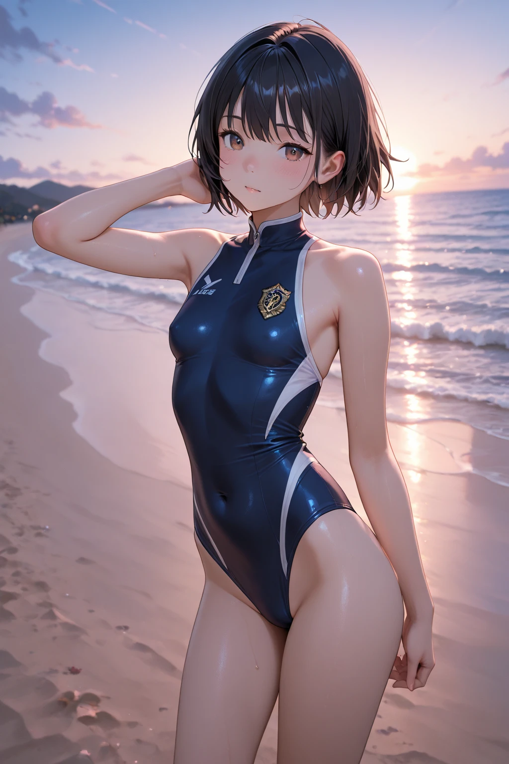 NSFW,111 girl, animal, bangs, bare arms, bare shoulders, beach, bird, blue sky, blue swimsuit, braid, chest, brown eyes, mouth closed, clouds, cloudy sky, collarbone, competition school swimsuit, competition swimsuit, covered navel, cowboy shot, day, flock, hands on hips, hands up, horizon, lighthouse, watch viewer, mountain, mountain horizon, sea, one piece swimsuit, outdoors, pool, purple hair, school swimsuit, seagull, sky, small, smile, solo, standing, swimwear, wading, water, wet