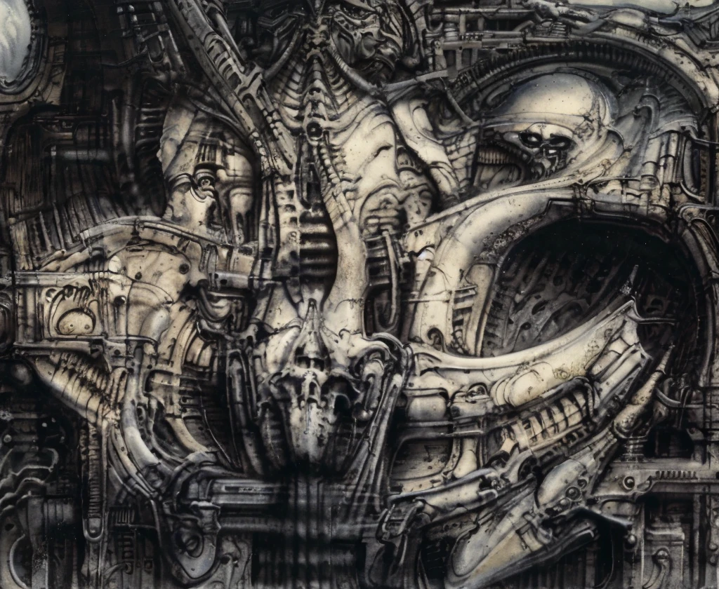 The image is a detailed view of H.R. Giger's biomechanical tableau \" Landscape XVI \" plate, featuring.
(airbrush painting, Giger's alien in front of broken alien ship in landscape, natural light, sharp focus, illustration, highly detailed, digital painting, concept art, matte, art by gric and kozhanov and moebius and Alphonse Mucha, masterpiece, HDR ,UHD , uplight, in HRGigerArhP style);1.
surrealistic painting of a monster with multiple tentacles and a body that looks like a brain, surrounded by a chaotic scene of swirling clouds and other monsters
 It's a complex network of bones and organs in eldritch color scheme:a greenish-brown hue ,swirling gery and brown colors. The artwork is silverish and green brown, with an ivory bones prominently displayed. The image is highly detailed and intricate, almost like a 3d version of a medical sketchwork.   
The piece is a tableau, most likely created with a India ink pen or pencil on paper, determined by the thin lines, shading techniques, and the texture of the paper, which is visible around the edges.
Used is pen, given the shading and variations in line weight visible in the image. Artist have used a variety of stylus with different degrees of hardness to achieve the shading effects.
 The use of undersaturated green-grays dark contrasts creates a stark and graphic look. Is used a variety of linework techniques to create different textures. Fine, parallel lines create a smooth, metallic texture,while thicker, more cursive lines suggest cables or wires.
Light source from the top highlights skeletals, pper part of foreground, lower part of image is in shadowupper part of foreground, lower part of image is in shadow.
The art performance showcases the artist’s skills in observation and rendering. The level of detail in the piece suggests a close study of real bone specimens and mechanics. The artist has skillfully used shading techniques to create a convincing illusion of three-dimensionality on a flat surface. The wrinkles 