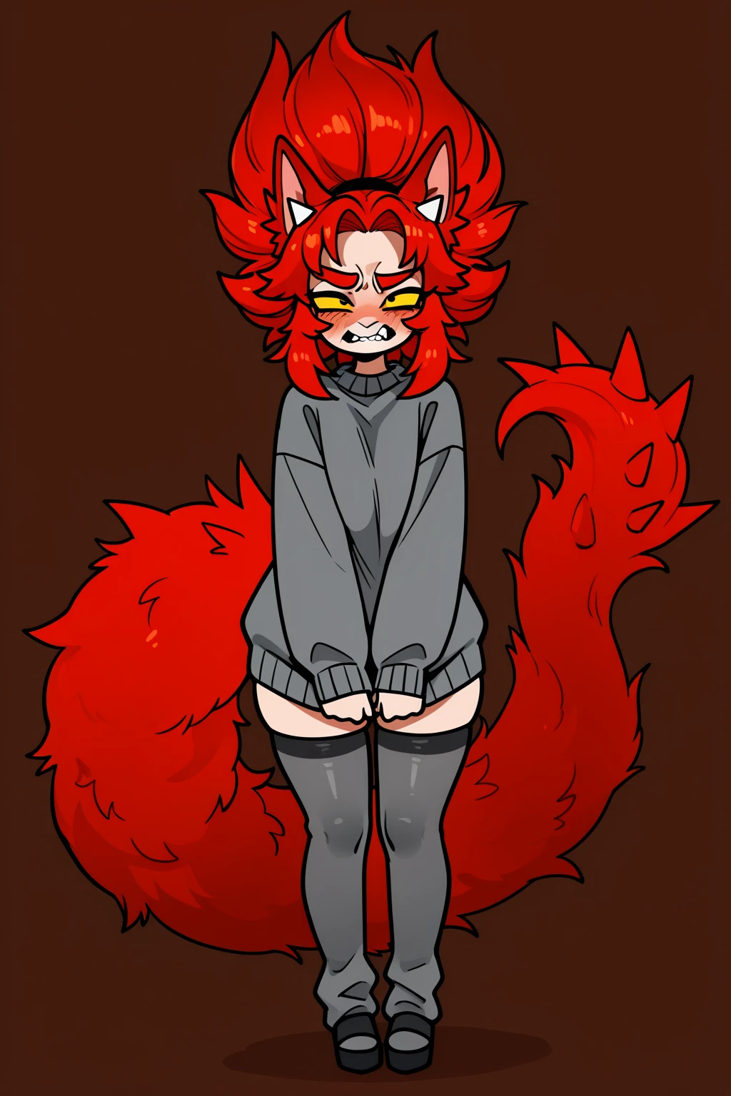 best quality, masterpiece, <lora:Ruby_Gloom:1> Ruby gloom, Red hair, spikey hair, fancy eyebrows, fancy eyelashes, freckles, blush, White skin, 4 fingers, chibi, black short dress, red and yellow striped thigh highs, black shoes, smile, lounging, bean bag chair, bedroom, lava lamp, phonograph, relaxing, listening to music, bright green carpet, wooden table, coffee, coffee mug, smug, red and yellow striped panties,