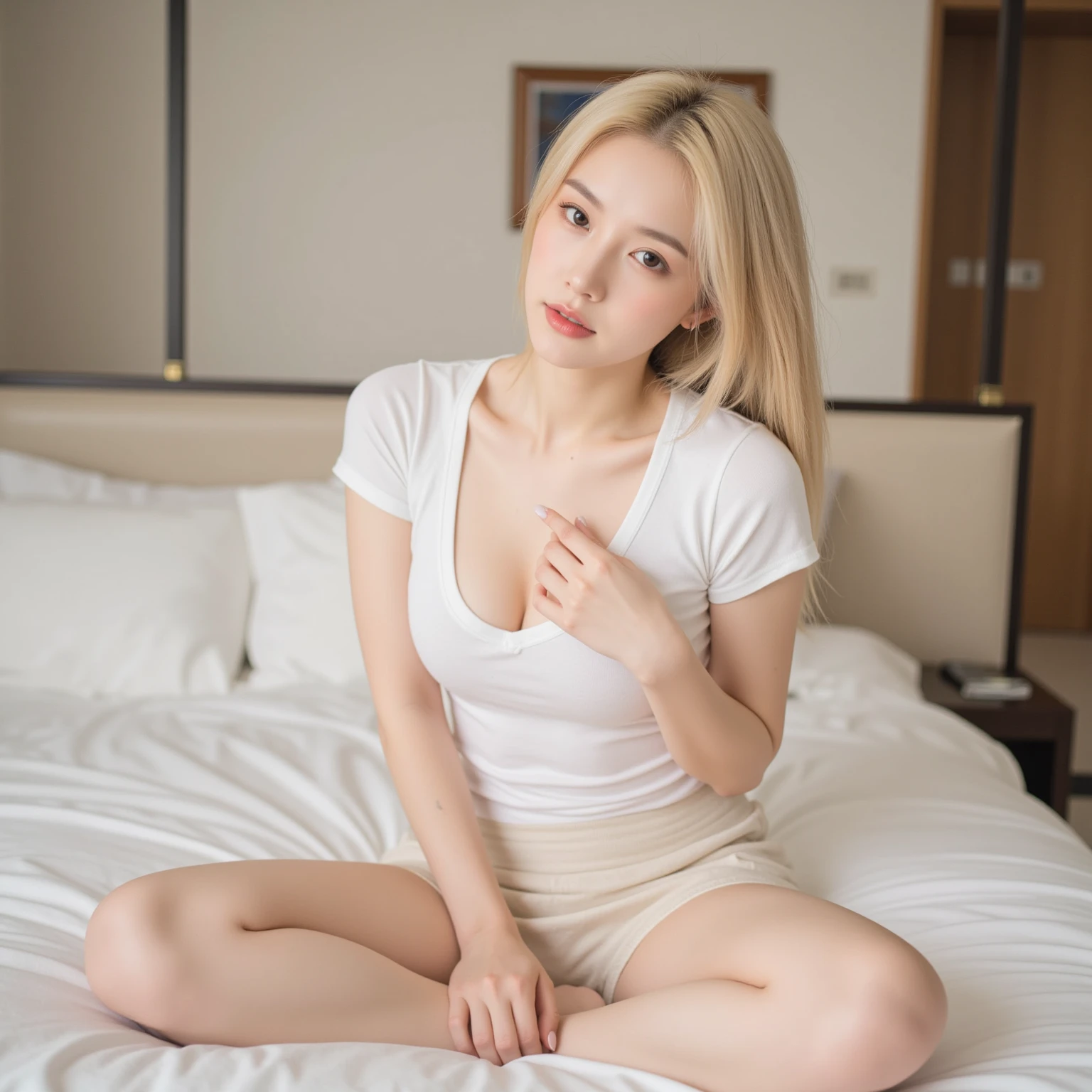 8K, Best Quality, masutepiece:1.2), (Photorealistic:1.4), Raw photo, Best Quality, 超A high resolution　a beauty girl　Beautiful butt　　gigantic cleavage breasts　tthin eyebrows　on the beds　(Huge breasts:1.2) 　Arch the back　stick out buttocks　Emphasis on the chest　silber hair　Silver hair color　Dressing　Wear clothes that clearly show your body line　off-shoulder knit　Chest opening knit　Cherry colored clothes　japanes