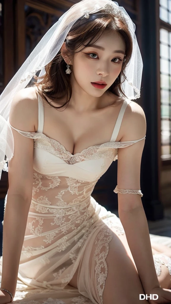 a perfect beauty wearing a ultra-thin white sheer lace wedding dress, white stockings with beautiful floral pattern and garter belts, wide spread legs, (:1.4), double eyelids, hands on the head, sitting in a sexy position on the bed, nsfw