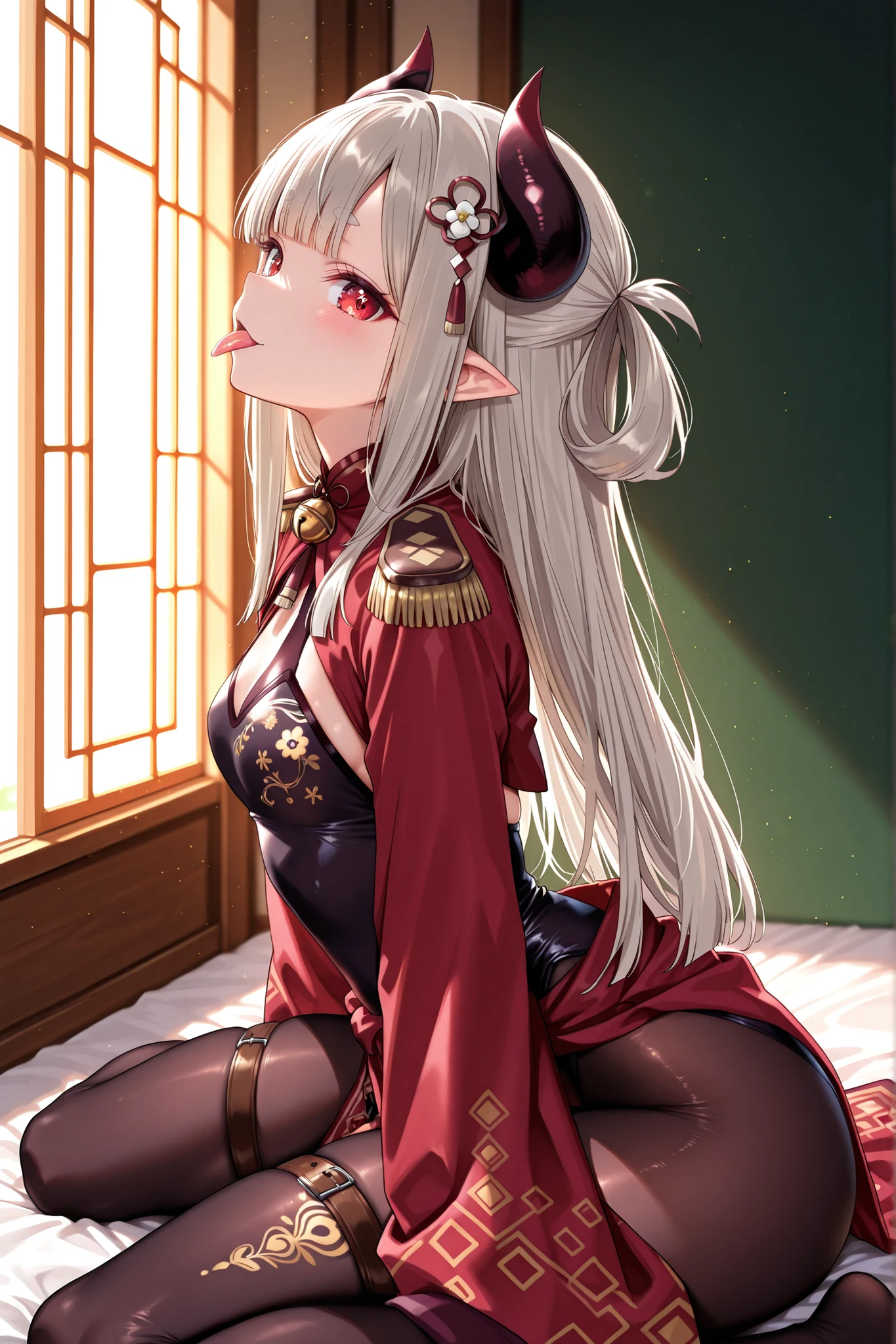 solo,masterpiece,best quality,super fine illustration、finely detail 、clear picture、UHD、HDR, amazing quality, highres, absurdres, very aesthetic, high resolution, ultra detailed, perfect details,(masterpiece, detailed:1.2)、nijinaraka,small breasts,red eyes,diamond-shaped pupils,symbol pupils,short eyebrows,grey hair,white hair,pointy ears,demon horns,long hair,hair rings,blunt bangs,hair ornament,nijinarakacos,black dress,print dress,leotard under clothes,pelvic curtain,red shrug\(clothing\),red jacket,crop top jacket,epaulettes,red sleeves,saggy sleeves,print sleeves,long sleeves,wide sleeves,ornament around waist,thigh band,jingle bell,black pantyhose,print pantyhose,mature female、thick thighs,wariza,big eyes,thick thighs,from side,tongue out
