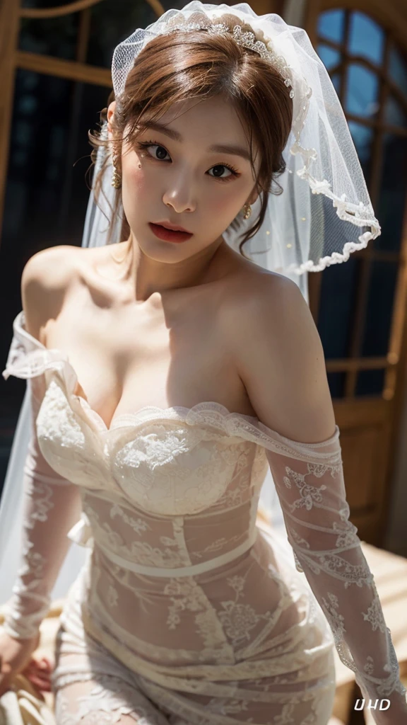 photo, photo realistic, (photorealistic:1.4), best quality, high quality, 4K, RAW, masterpiece, realistic lightning, beautiful face,
1girl, solo, (18 years old), (japanese:1.3), gravure idol, (medium breasts),
black hair, (medium hair:1.2), (wavy hair:1.2),
((light) pink lips:1.3), closed mouth, (smiling:0.8),
(bride:1.2), (((white)) wedding lace dress:1.2), wedding veil,
looking at viewer, (upper body), (beautiful arms:1.2), (front view),
BRAKE,
(outdoors:1.4),