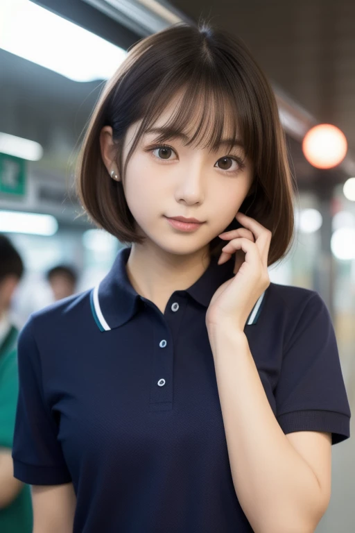 ((highest quality, masterpiece :1.3)), Photorealistic、Ultra-high resolution、Natural skin texture、Hyperrealism、Ultra close-up、17 year old Japanese beautiful girl、Sparkling Eyes、Short straight cut hair、White polo shirt of uniform、Dark navy blue mini skirt、well-shaped and large breasts,、Chest bandage、Dim gymnasium warehouse、Angry expression、Tears flowing
