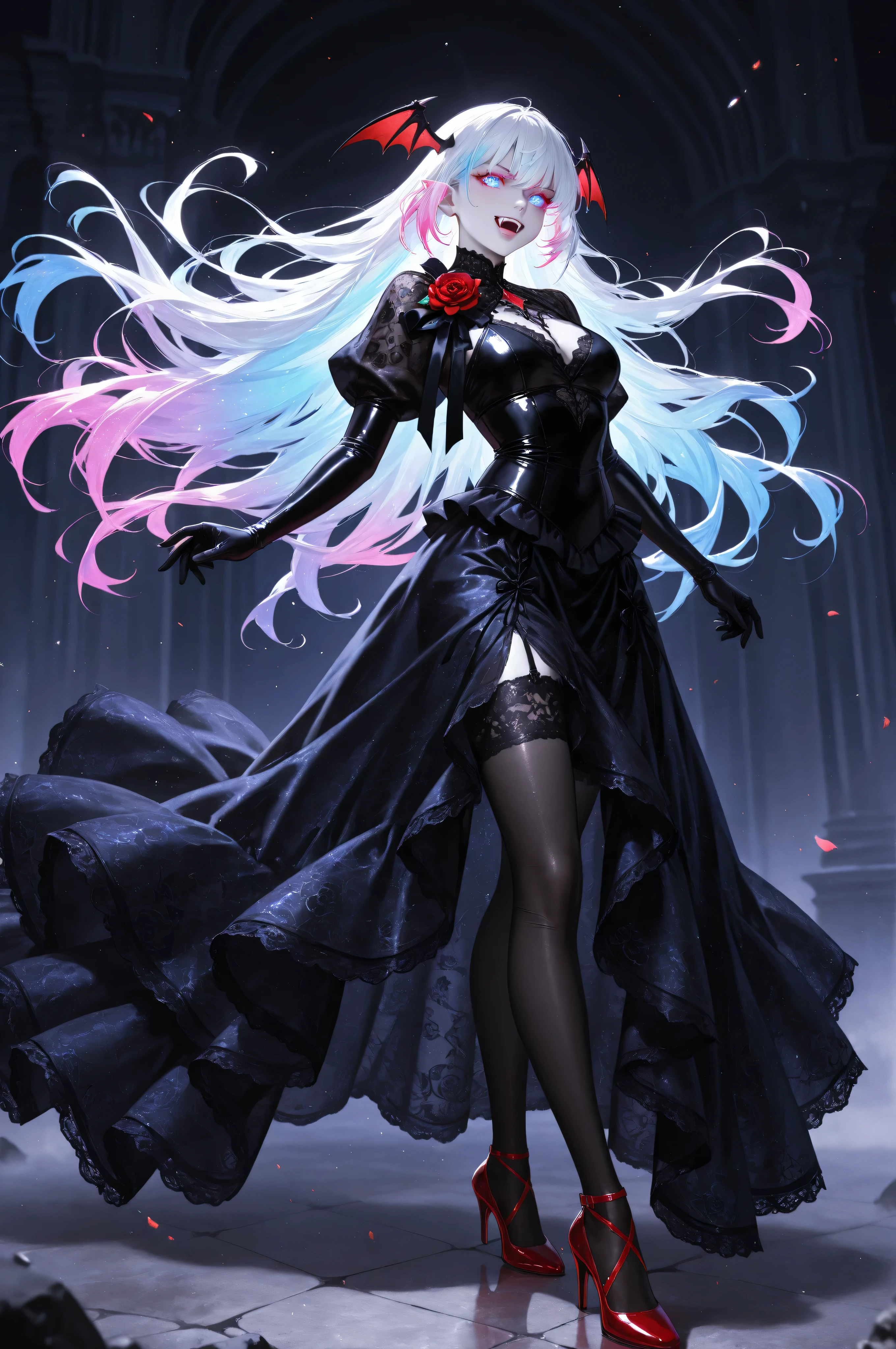 FLUX,Semi Realistic,Vampire fangs teeth,Fang,midjourneylora,aidmaMJ6.1,a picture of magnificent female vampire, busty, dynamic hair color, long hair, flowing hair, pale skin, colorful hair, colorful eyes, glowing eyes, shining blue eyes, wearing intricate elegant black silk and lace dress, wearing red high heels, white dress with golden pattern, fantasy, black latex corsage, masterpiece, best quality, amazing quality