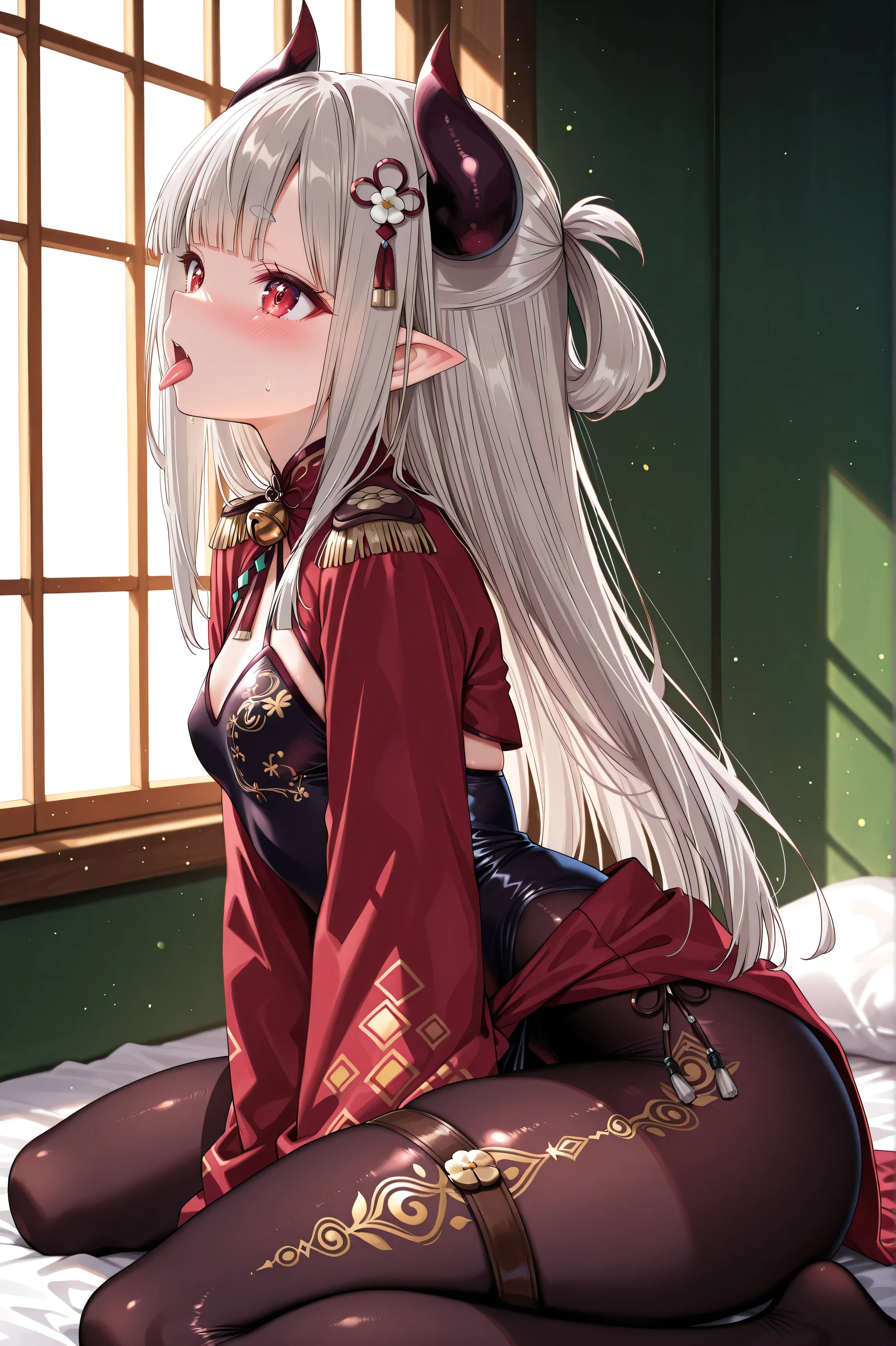 solo,masterpiece,best quality,super fine illustration、finely detail 、clear picture、UHD、HDR, amazing quality, highres, absurdres, very aesthetic, high resolution, ultra detailed, perfect details,(masterpiece, detailed:1.2)、nijinaraka,small breasts,red eyes,diamond-shaped pupils,symbol pupils,short eyebrows,grey hair,white hair,pointy ears,demon horns,long hair,hair rings,blunt bangs,hair ornament,nijinarakacos,black dress,print dress,leotard under clothes,pelvic curtain,red shrug\(clothing\),red jacket,crop top jacket,epaulettes,red sleeves,saggy sleeves,print sleeves,long sleeves,wide sleeves,ornament around waist,thigh band,jingle bell,black pantyhose,print pantyhose,mature female、thick thighs,wariza,big eyes,thick thighs,from side,tongue out,embarrassed