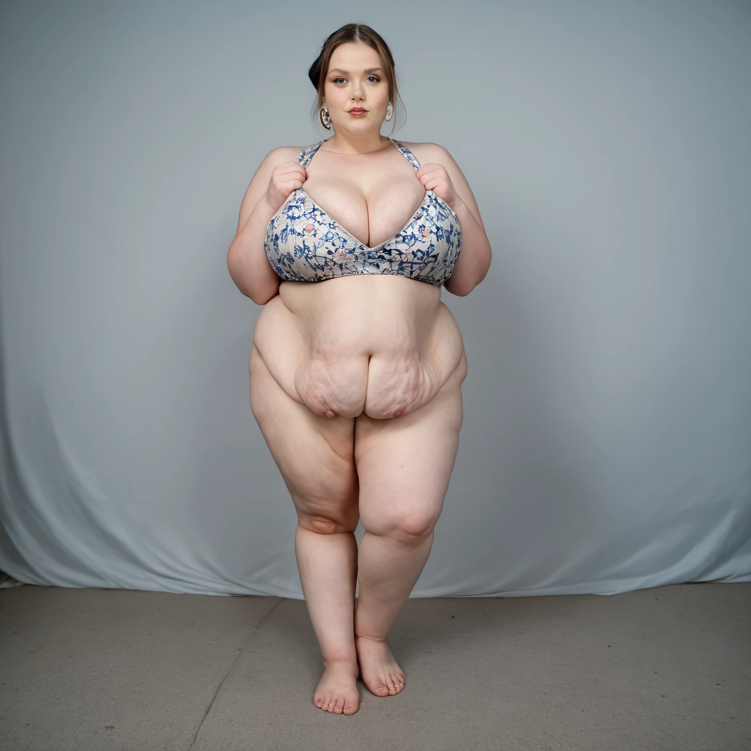 ((naked)),((Saggy huge)),((Heavy body)),((Wide Hips)),((Thick body)),((Big Belly)),((White woman)),((Blonde Hair)),((blue eyes)),((Full body portrait))、((1 female)),stand on tiptoe、White blank background、Stand facing forward、naked feet、Full body portrait、Stand with your feet apart、Model pose、Full body portrait
