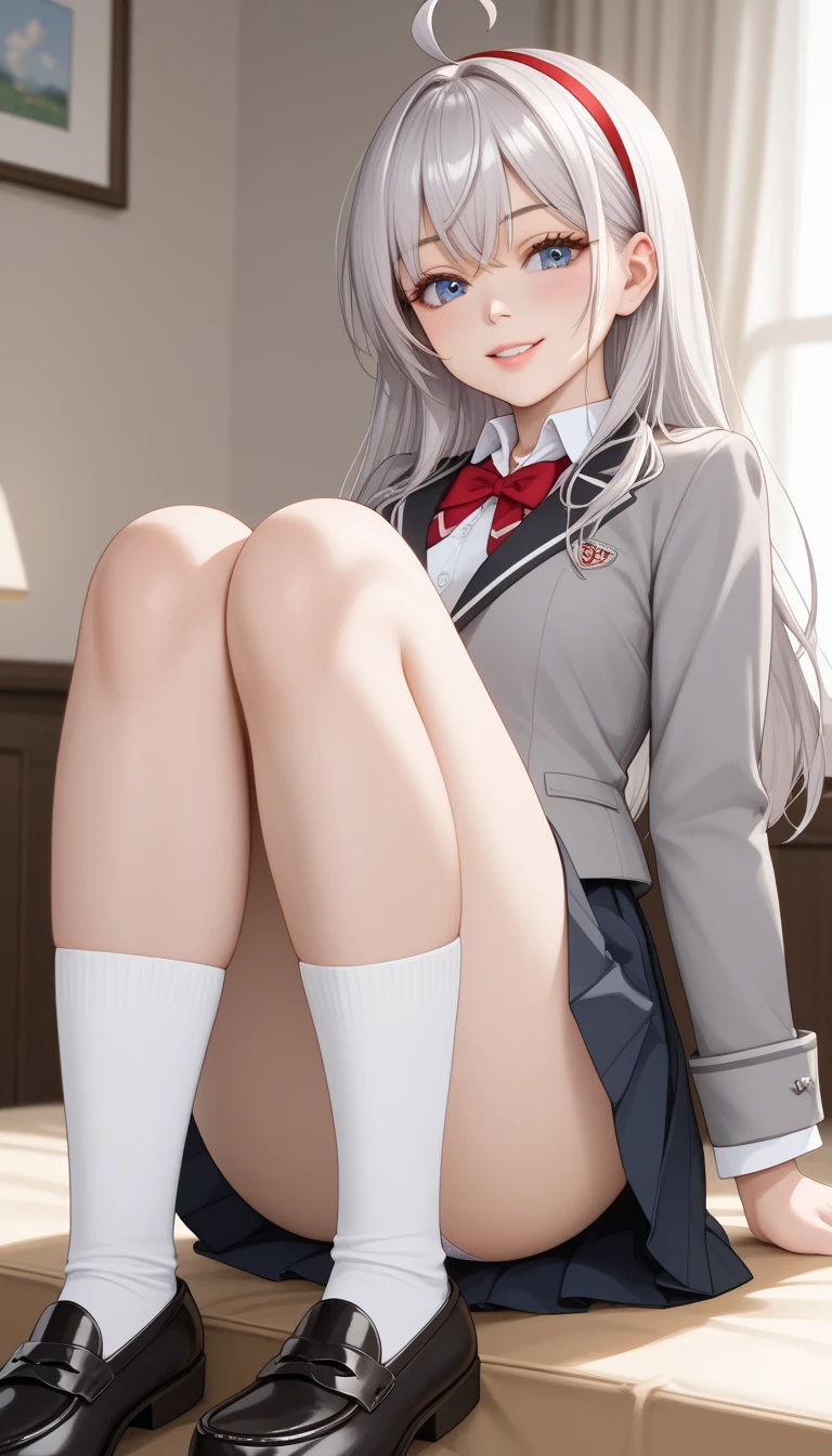 1 cute girl,silver long hair,(school costume:1.7),chouse,blazer,black glasses,Loafer, (zettai ryouiki),flat breast,(crying:1.1),nsfw,(show off wet white panty),Sitting with Knees Up on sofa at living, spread legs