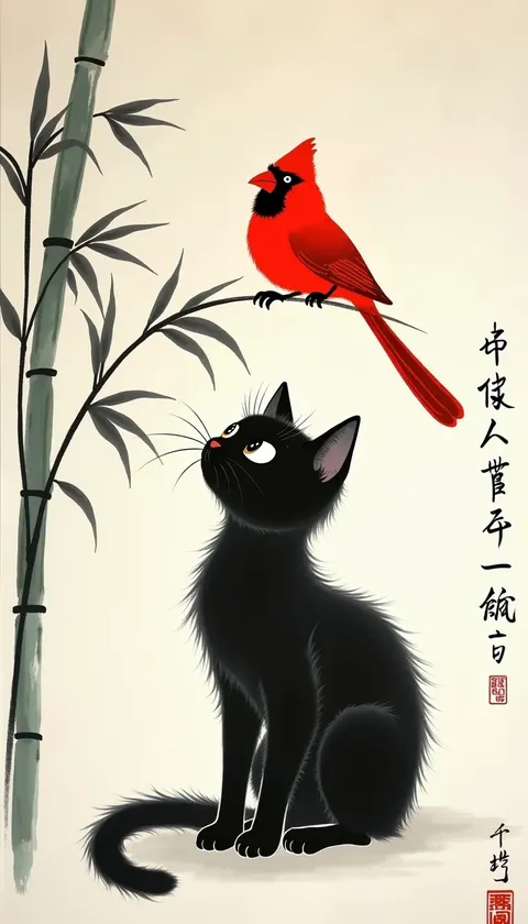 The cat and the Bird | Ink Painting