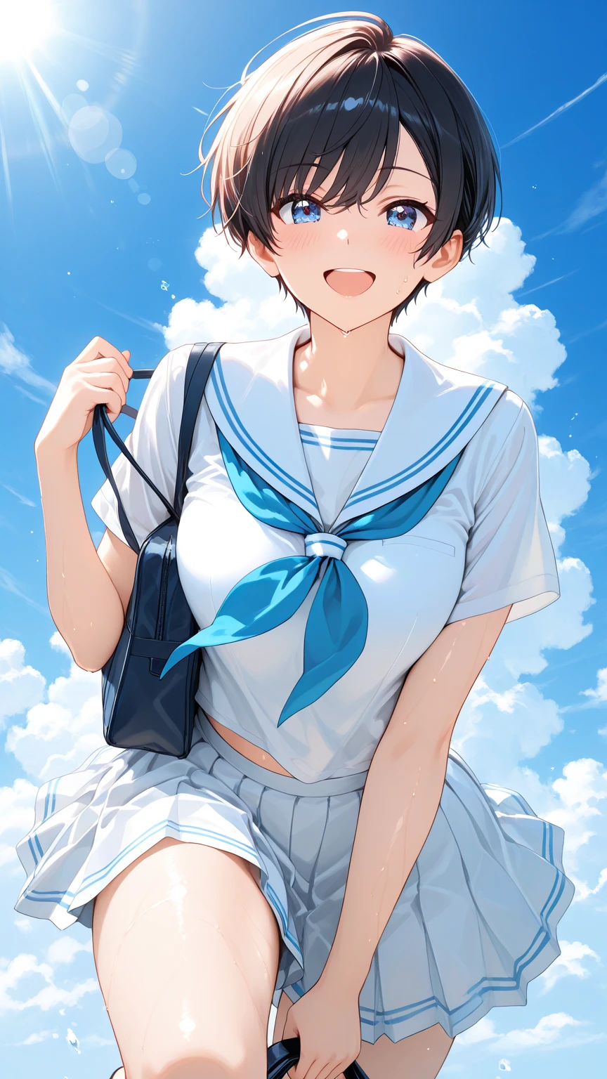masterpiece, best quality, ultra detailed, anime style, high resolution,
beautiful Japanese high school girl, pixie cut hair, summer sailor school uniform,
running with a bright refreshing smile, holding school bag, dynamic full-body motion,
sweat shining on skin,青春,爽やか, energetic and lively,
blue summer sky background, strong sunlight, lens flare, fluffy clouds,
soft focus, bokeh, shallow depth of field, vibrant colors, cinematic anime scene,
fresh and youthful atmosphere, radiant and heartwarming vibe
